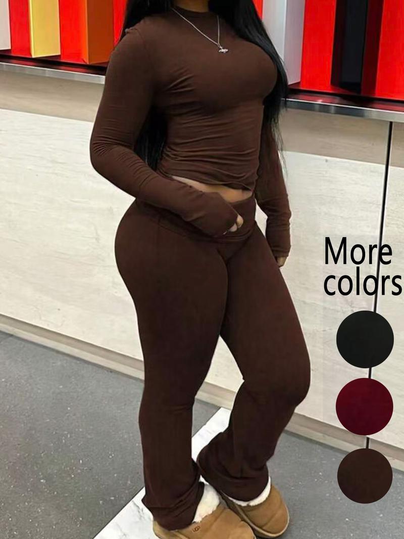 【Plus Size】2 Piece Women's Long Sleeve Crop Top & Flare Pants Set, Trendy Street Style, Multiple Colors Available & Stretchy Fabric, Highlights Curves & Comfortable to Wear, Suitable for Women's Streetwear, Casual Outings,Airport Outfit