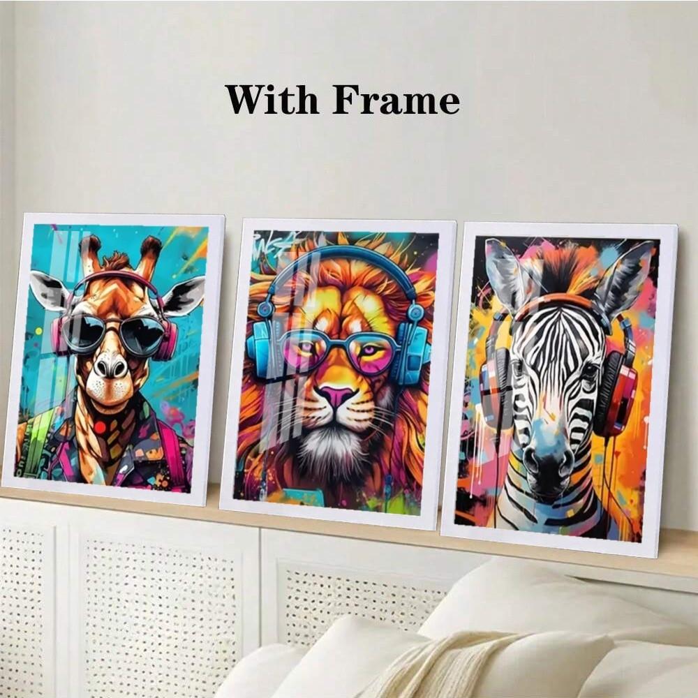 3 Pieces Optional Wooden Frame Cool Graffiti Gamer Headphone Animal Wall Poster Minimalist Wall Art Print Canvas Painting Wall Poster Living Room Home Decor Color Accurate Reproduction Hanging Painting Flat Anti-Wrinkle Art Canvas