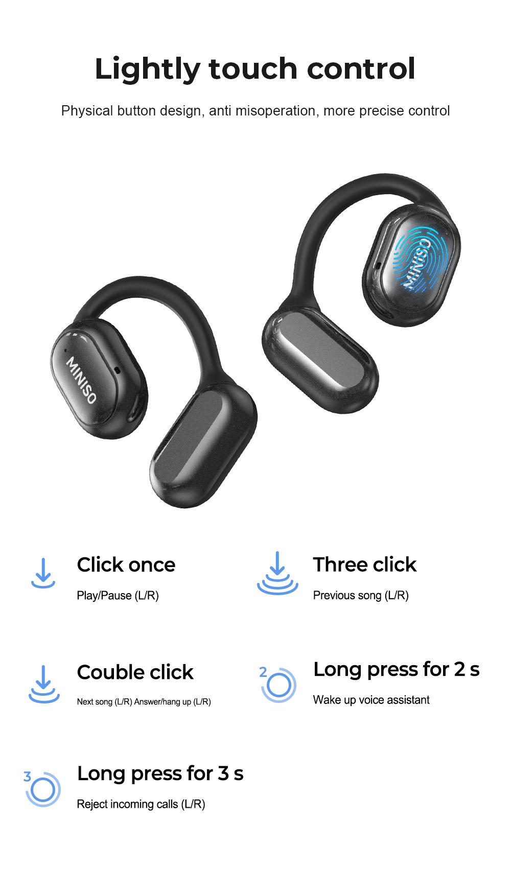 【Buy 1 Get 1 Gift Free】MINISO X30 OWS Wireless Bluetooth Earphones IPX5 Waterproof, MS502 Clip-On Ear Headphones Bluetooth 6.0 Headsets, with Heart Rate Monitoring, 35Hours Play time, Light-Weight Headphones Built-in Microphone