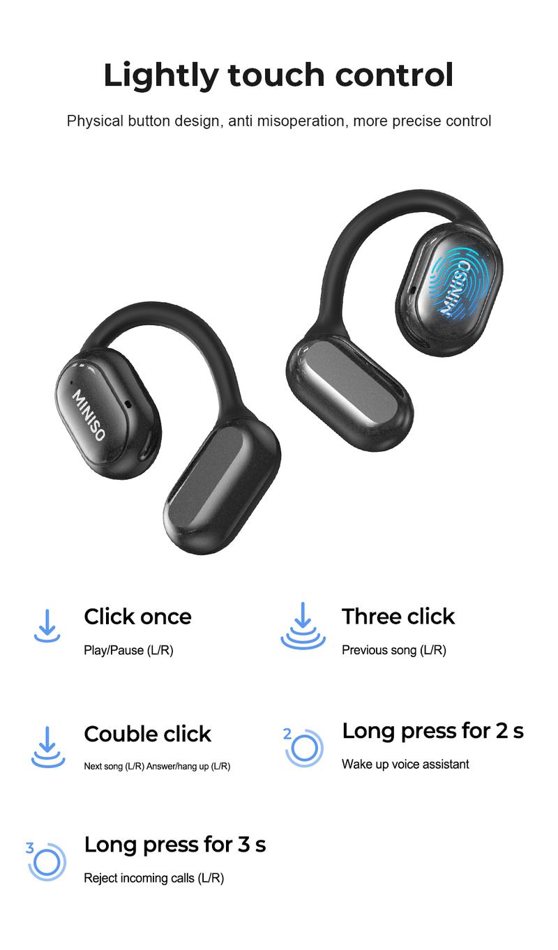 【Buy 1 Get 1 Gift Free】MINISO X30 OWS Wireless Bluetooth Earphones IPX5 Waterproof, MS502 Clip-On Ear Headphones Bluetooth 6.0 Headsets, with Heart Rate Monitoring, 35Hours Play time, Light-Weight Headphones Built-in Microphone 【Buy 1 Get 1 Gift Free】MINISO X30 OWS Wireless Bluetooth Earphones IPX5 Waterproof, MS502 Clip-On Ear Headphones Bluetooth 6.0 Headsets, with Heart Rate Monitoring, 35Hours Play time, Light-Weight Headphones Built-in Microphone