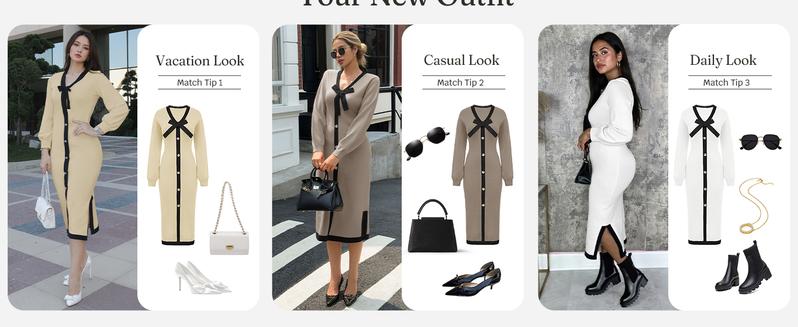 Wenrine Women‘s V Neck Sweater Dress Fall Long Sleeve Button Knit Bodycon Color Block Bow Tie Elegant Midi Dresses