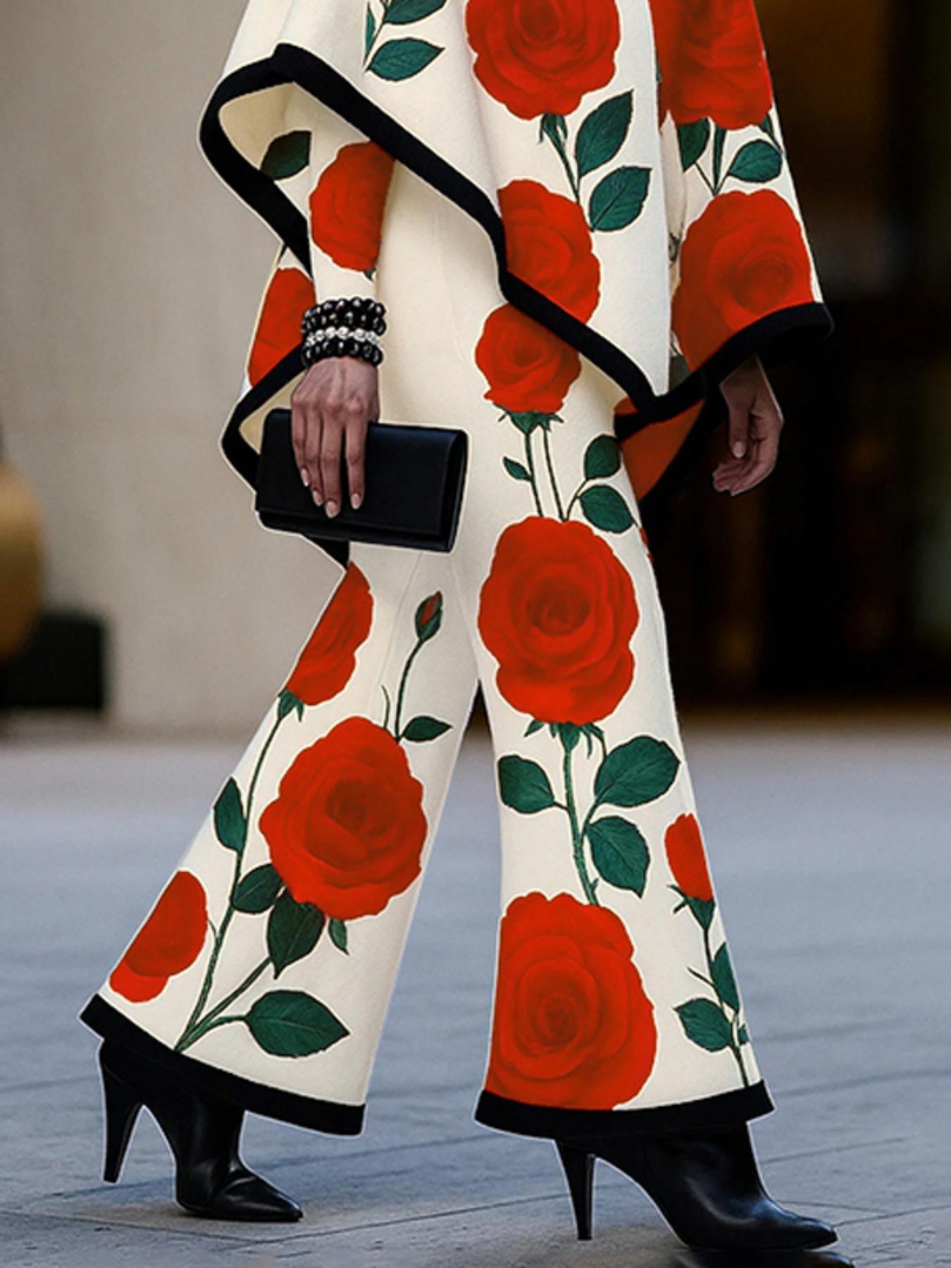 Women's Loose Wide Leg Floral Printed Casual Pants, Elegant Comfortable High Waist Lounge Wear, Perfect for Daily & Relaxing at Home