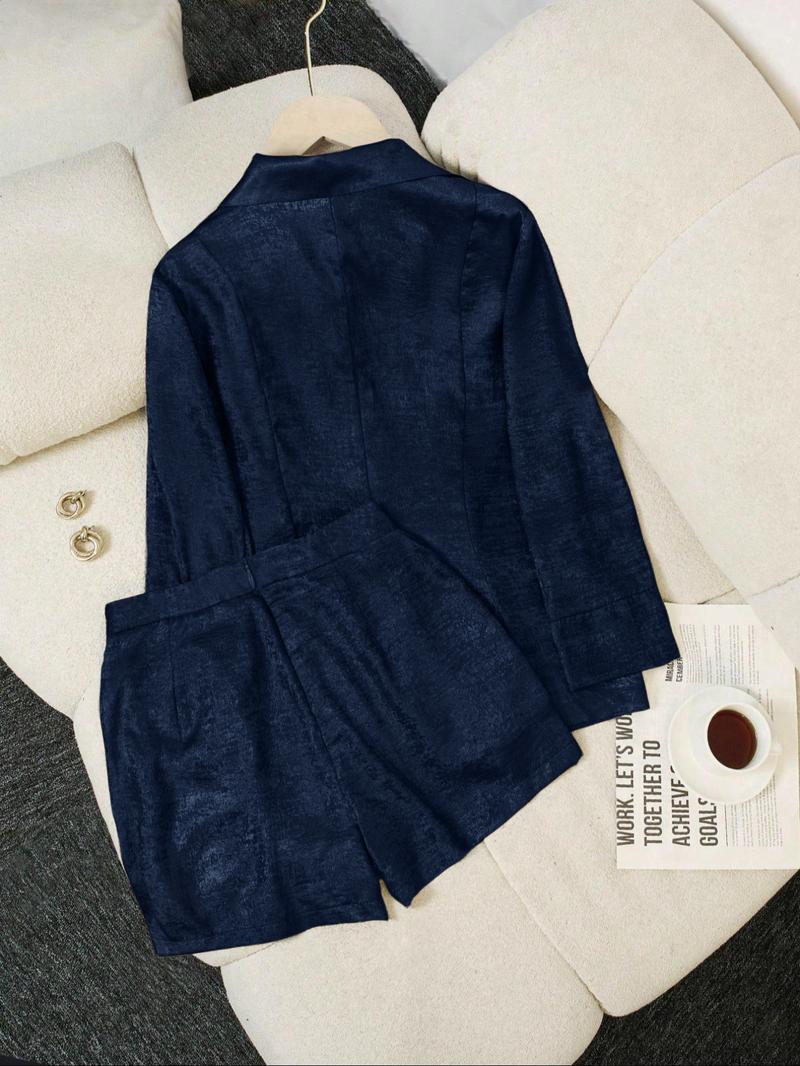 Two-Piece Set Women's Solid Color Blazer & Shorts, Casual Outerwear & Shorts for Daily Wear, Ladies Clothes for Summer Suits