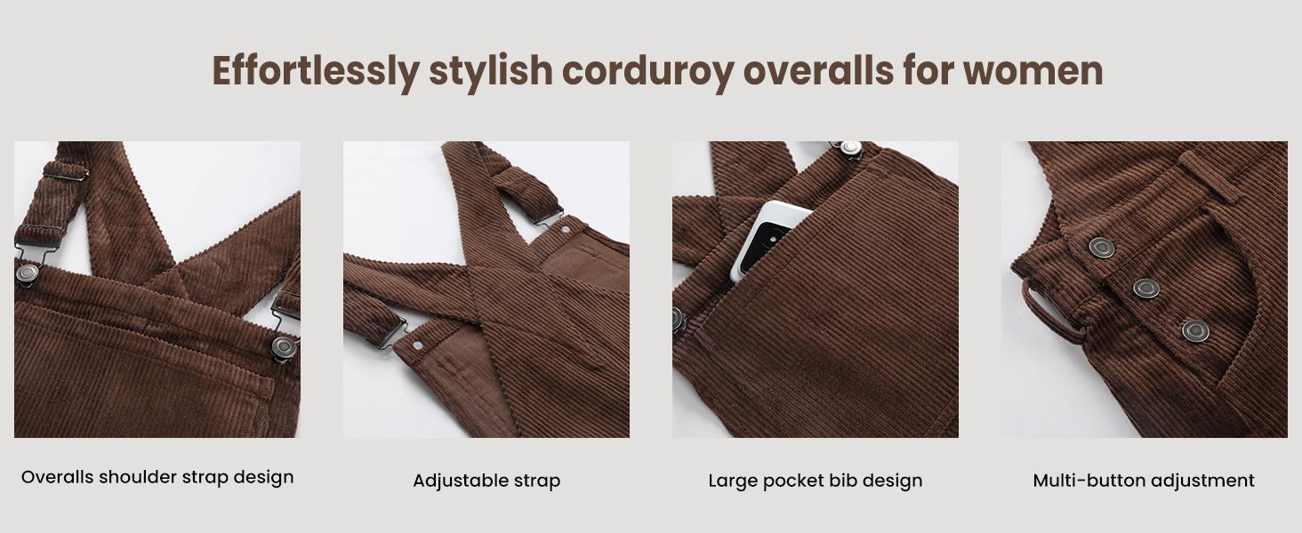 SCUSTY Corduroy Overalls for Women Barrel Wide Leg Bib Corduroy Pants Women Adjustable Romper Jumpsuit with Pockets Overallsgirl Womenswear
