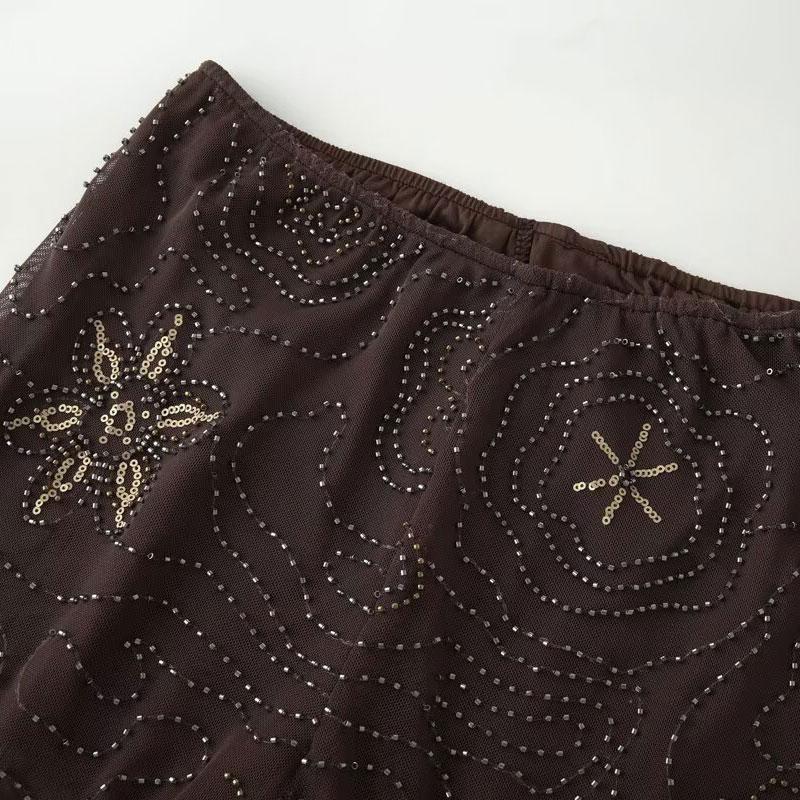 Women's Summer Beaded Sequined Pants Baggy Streetwear Wide Leg Pants Woman Fashion Office Casual Bottoms High Waist Pants Fluid Trousers Bohemian Boho Trousers Boho Festival Trousers