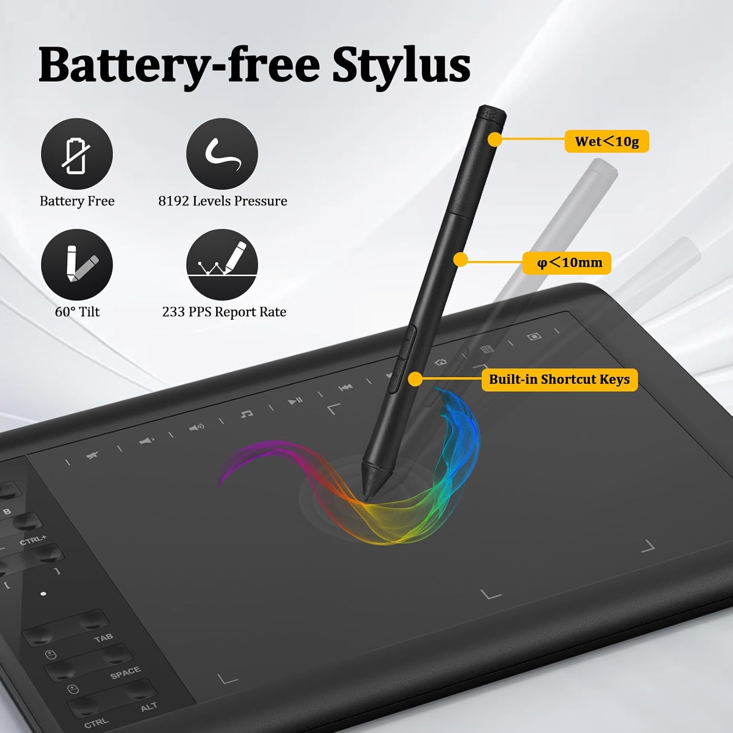 Graphics Drawing Tablet 10 x 6 Inch Large  Area with 8192 Levels -Free Pen and 12 Hot , Compatible with Windows//Android for Painting, Design &  Teaching, Black