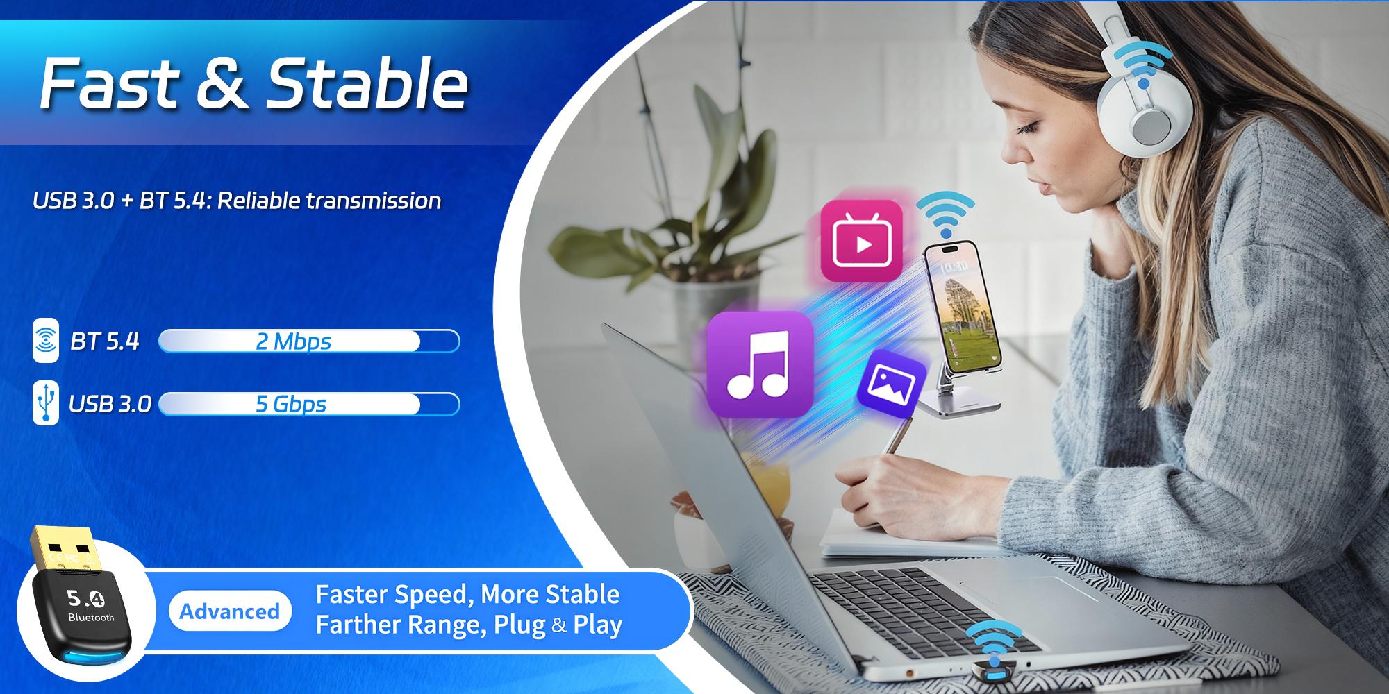 Bluetooth Adapter for Desktop PC, Bluetooth-compatible 5.4 Encryption Dog Receiver, Plug-And-Play, Supports Keyboard/mouse/earbuds/speakers, Windows 11/10/8.1/7