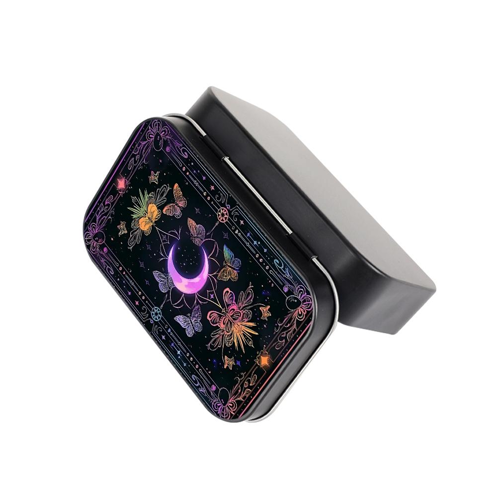 1Pc Celestial Moon & Butterfly Metal Tin Box with Hinged Lid - Small Storage Containers for Tarot Crystals, Jewelry - Decorative Rectangular Tinplate Organizer, Desktop Storage Box, Collectibles Storage, Witchy Gift for Women, Display Container