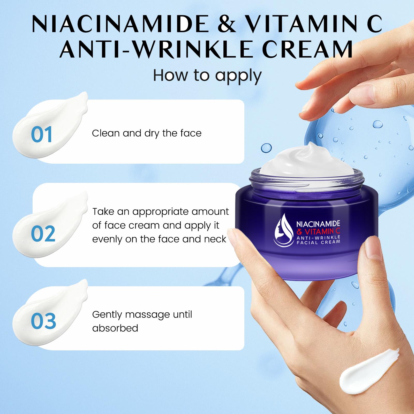 Vitamin C Niacinamide Wrinkle Cream, Gentle Skin Care, Fades Fine Lines, Brightens Skin Tone, Hyaluronic Acid, Long-Lasting Moisture, 50g