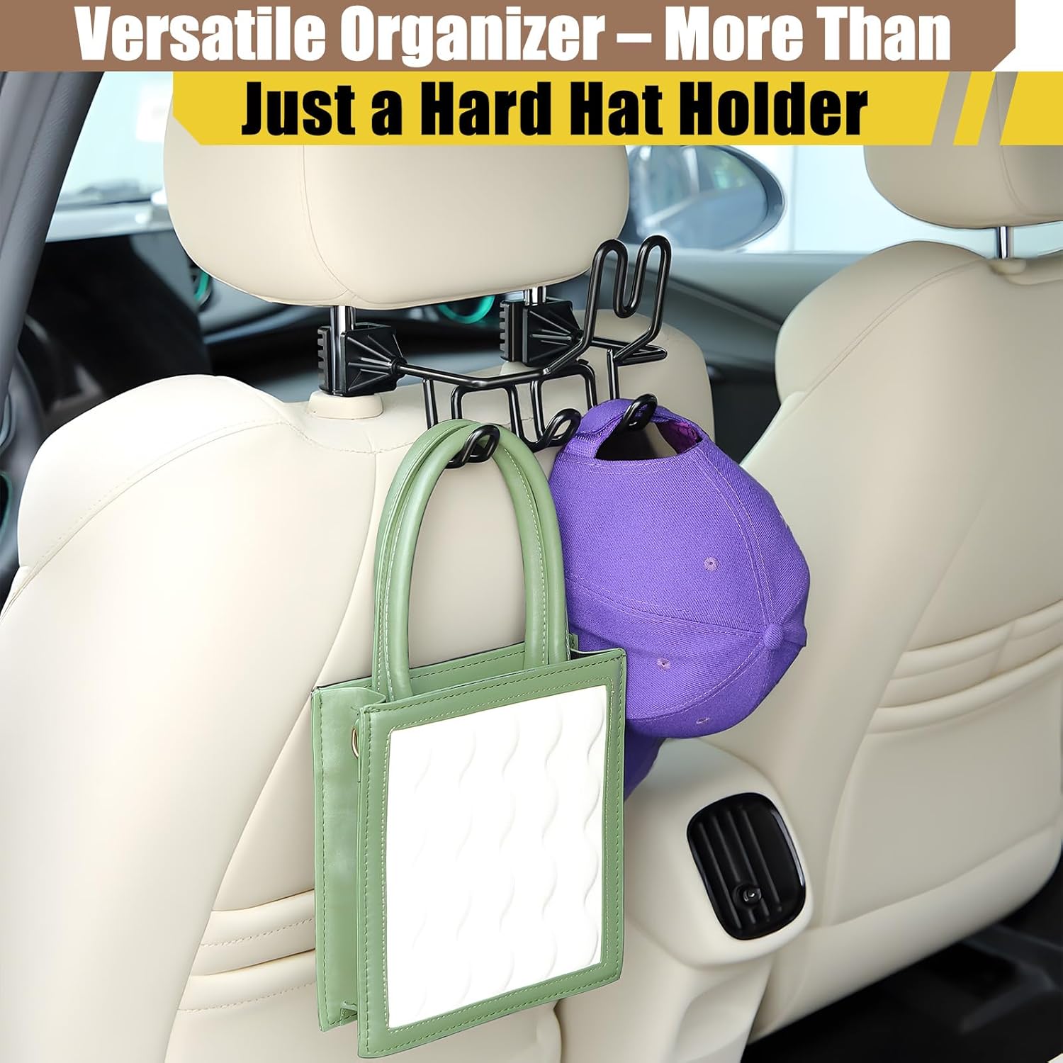 Black Headrest Hard Hat Holder Mounting Rack for Trucks/Cars - Steel Frame, Rubber Coated Triple Hooks, 1-Piece Safety Gear Organizer for Safety Helmets,Caps,Jackets,Tool Bags,Tools - Patent Pending Accessory Black Headrest Hard Hat Holder Mounting Rack for Trucks/Cars - Steel Frame, Rubber Coated Triple Hooks, 1-Piece Safety Gear Organizer for Safety Helmets,Caps,Jackets,Tool Bags,Tools - Patent Pending Accessory
