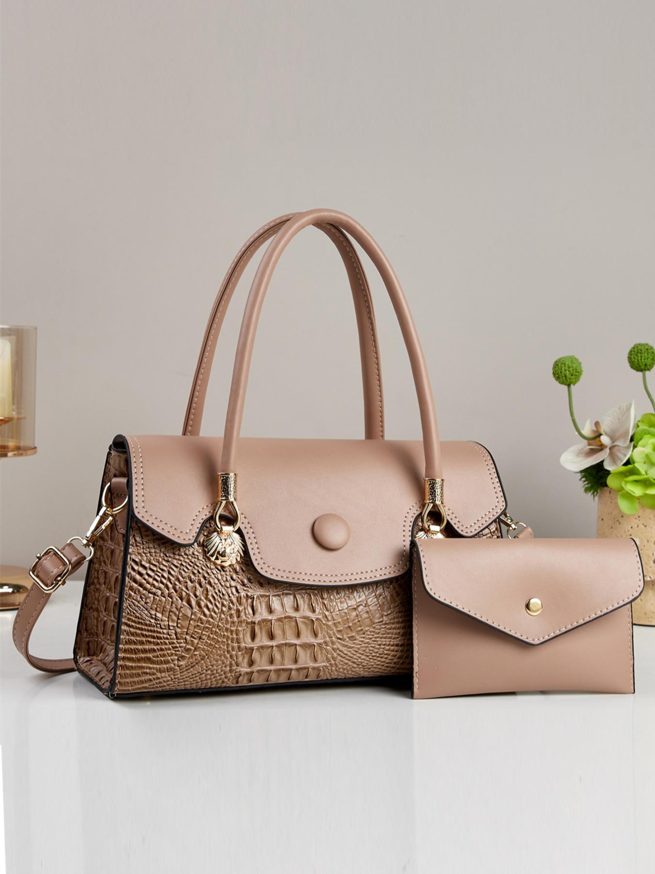 2pcs Women's Glossy Patent Leather Handbag & Clutch Set, Crocodile Pattern, Detachable Strap, Shoulder Crossbody Bag for Work, Travel & Party