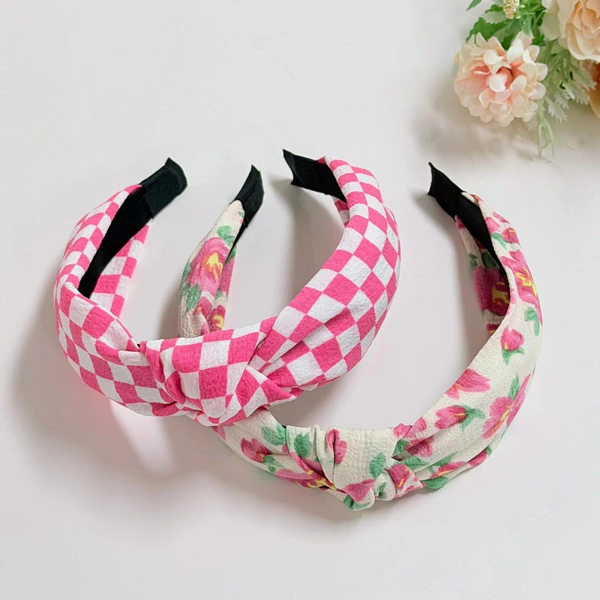 Fabric Hair Bands Wide Edge Sweet Elegant Valentine's Day Hair Accessories New Pink System Pearl Checkerboard Flowers