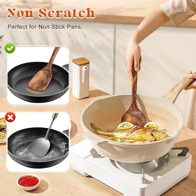 Premium Teak Cooking Utensils Set, Non-Stick Pot, Heat Resistant, Ergonomic Handle, Comfortable Grip, Suitable for Stirring