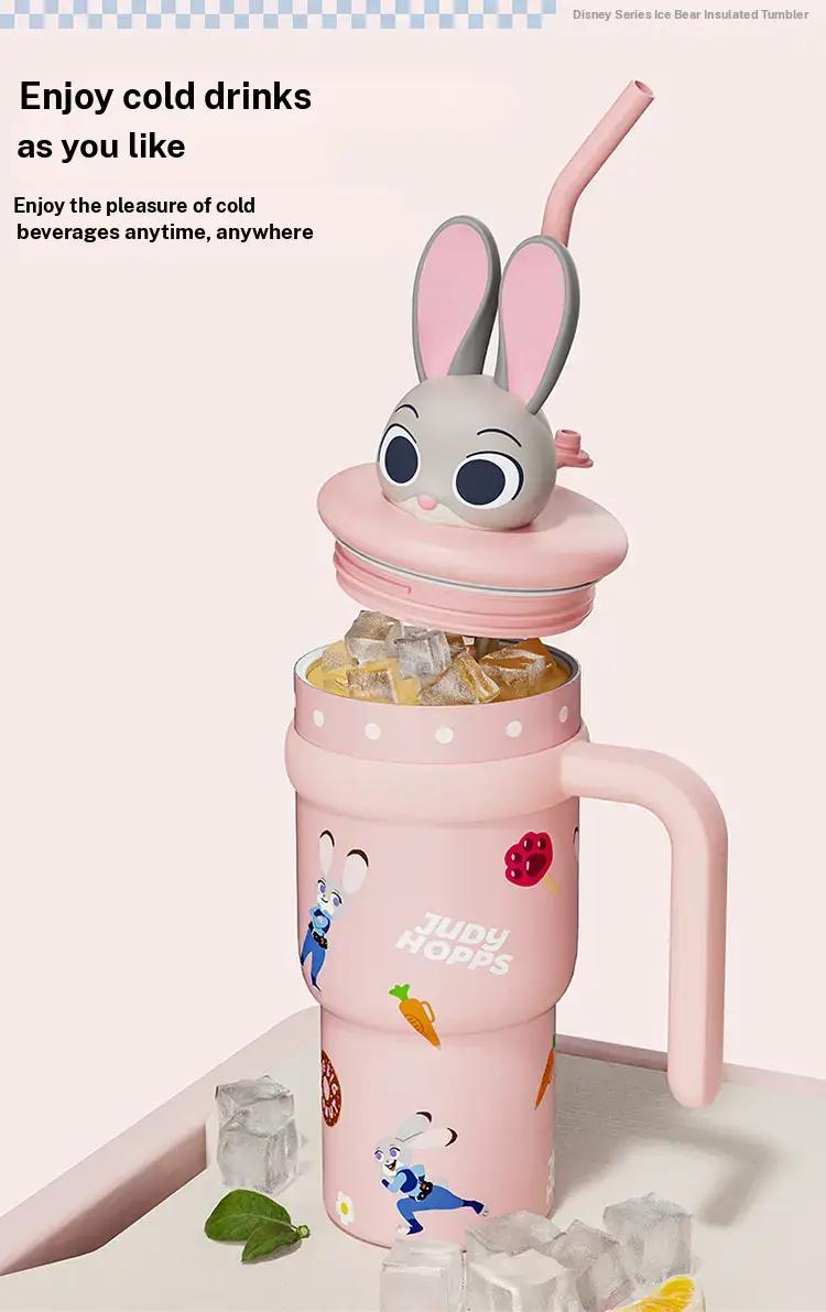 Disney Series Large Capacity lce King Cup Zootopia Strawberry Bear Stitch Design Insulated Tumbler Straw Cup Bottle with Handle Portable Holiday Halloween Christmas Ideal Gift for Kids Students Office Coffee Drinks Storage Valentine Gift for Girlfriends
