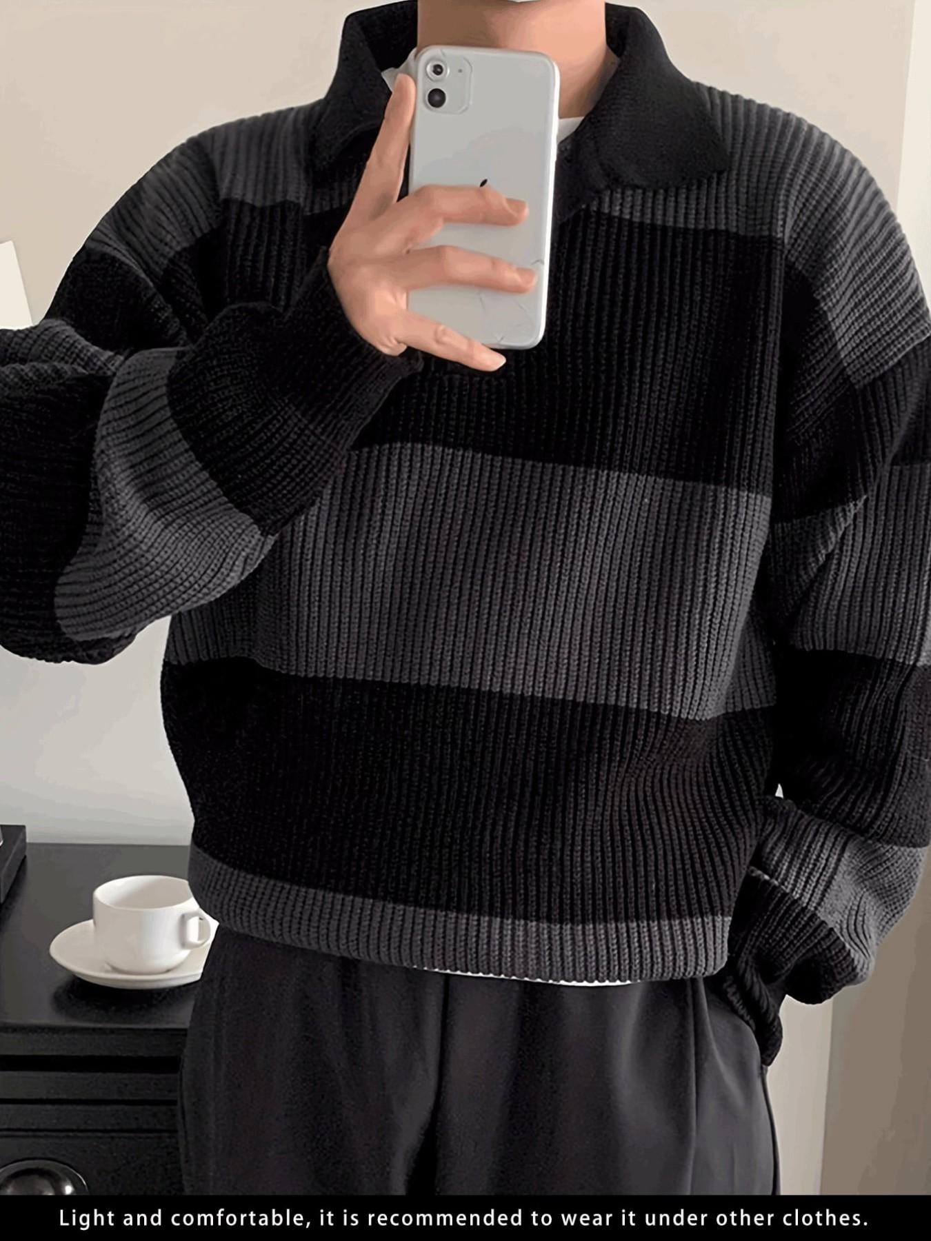 Men's Striped Lapel Half-Open Knit Polo Shirt, High-End Colorblock Sweater, Knitwear, American Vintage Style, Loose Fit, All Seasons, Casual