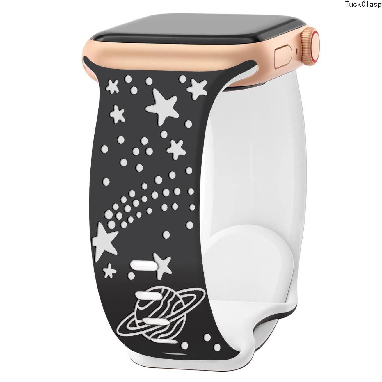 Two-Tone Laser-Engraved Silicone Watch Band with Butterfly Clasp, Romantic Starry Sky Pattern Replacement Strap Compatible with Apple Watch Series 1–11, SE & Ultra, Soft Adjustable Wristband for Everyday Wear (Band Only)