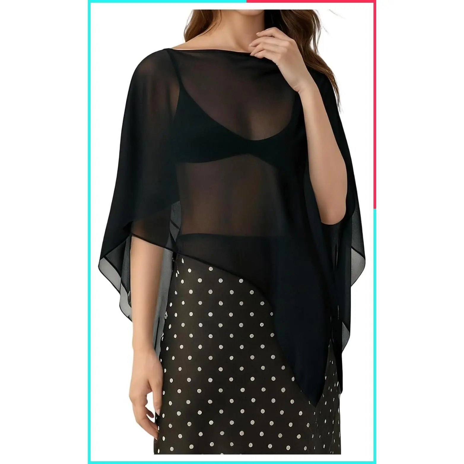 Women's Sheer Chiffon One-Shoulder Asymmetrical Poncho Shawl Top, Lightweight Mesh Cape Cover Up, Batwing Sleeve Shrug for Evening Dress, Y2K