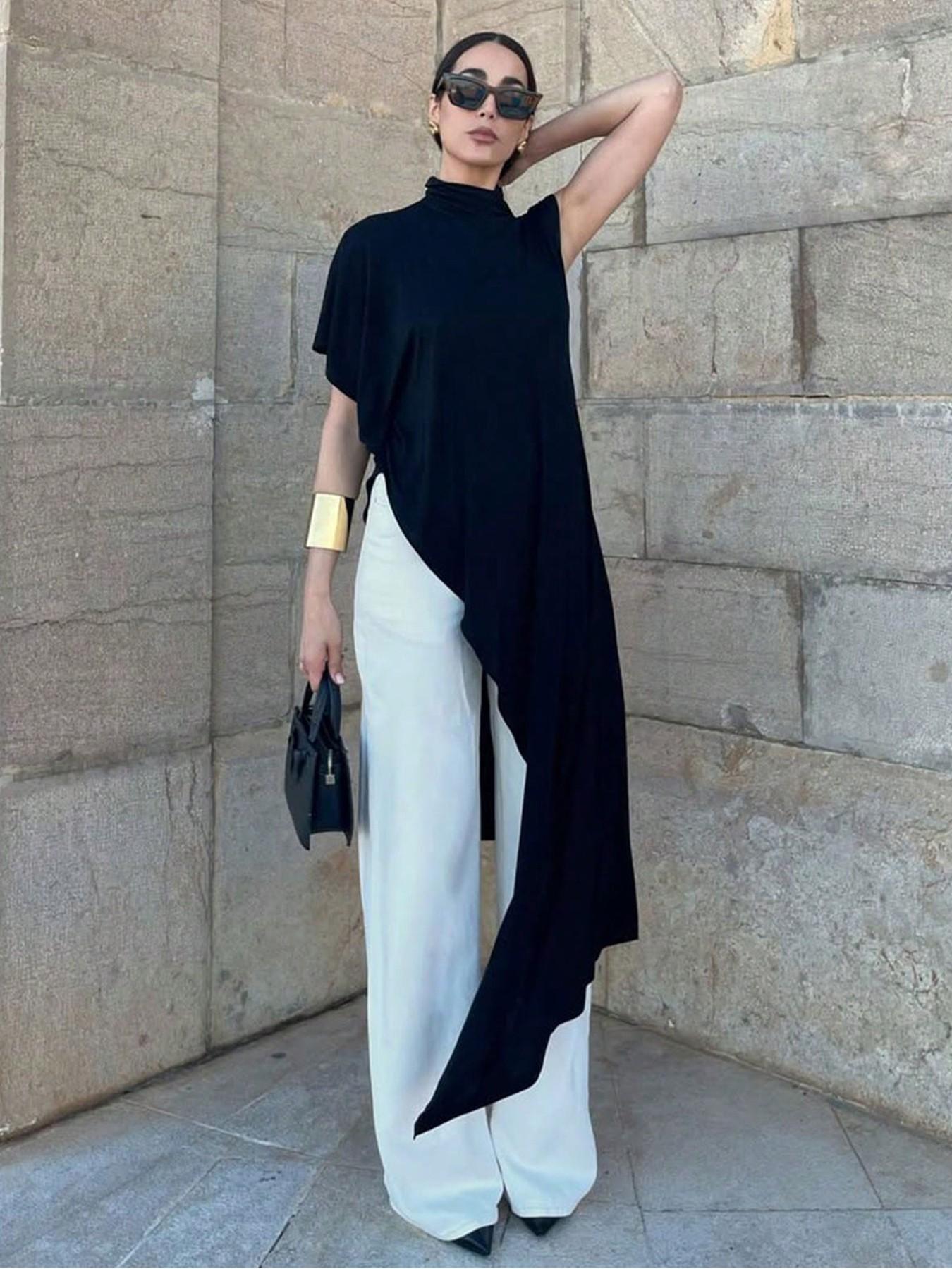 Women's Summer Minimalist High Street Half-Neck Asymmetric Sleeve Long Coat, Irregular High Split Hem, Comfortable Fabric, Versatile