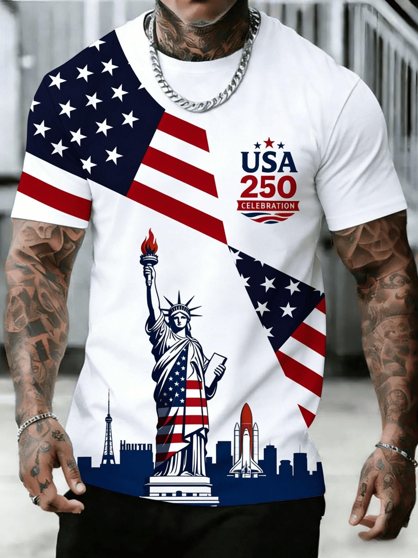 Men's Round Neck Short Sleeve T-Shirt, Usa 250th Anniversary Liberty Statue Flag City Building Graphic Print, Soft Breathable Summer Casual Tee