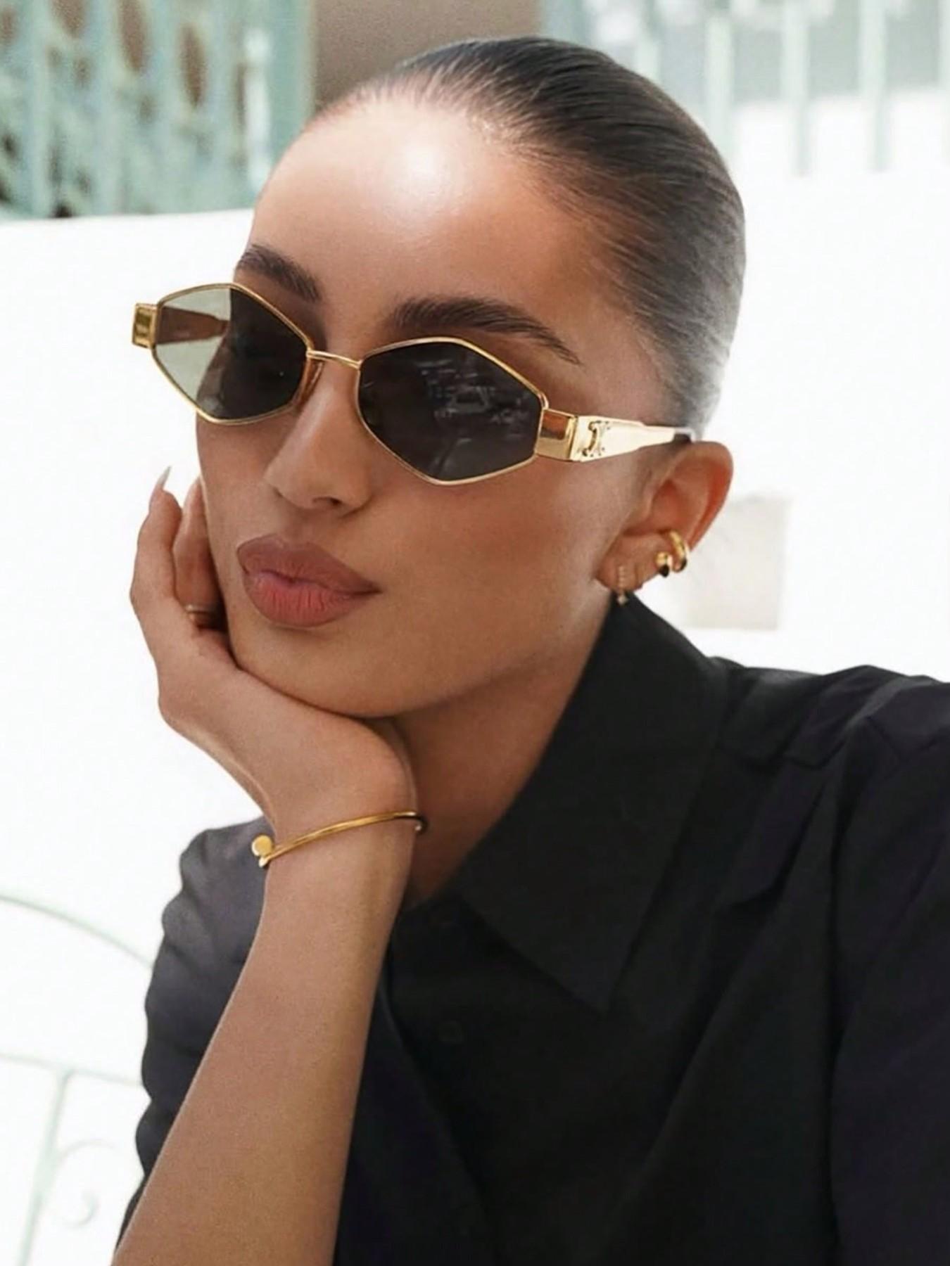 Women's Metal Decorative Lenses Sunglasses, Geometric Polygonal Frame Design, Elegant & Versatile Eyewear for Daily Wear, Travel & All Season Wear, Stylish Ladies' Shades, Metallic Material