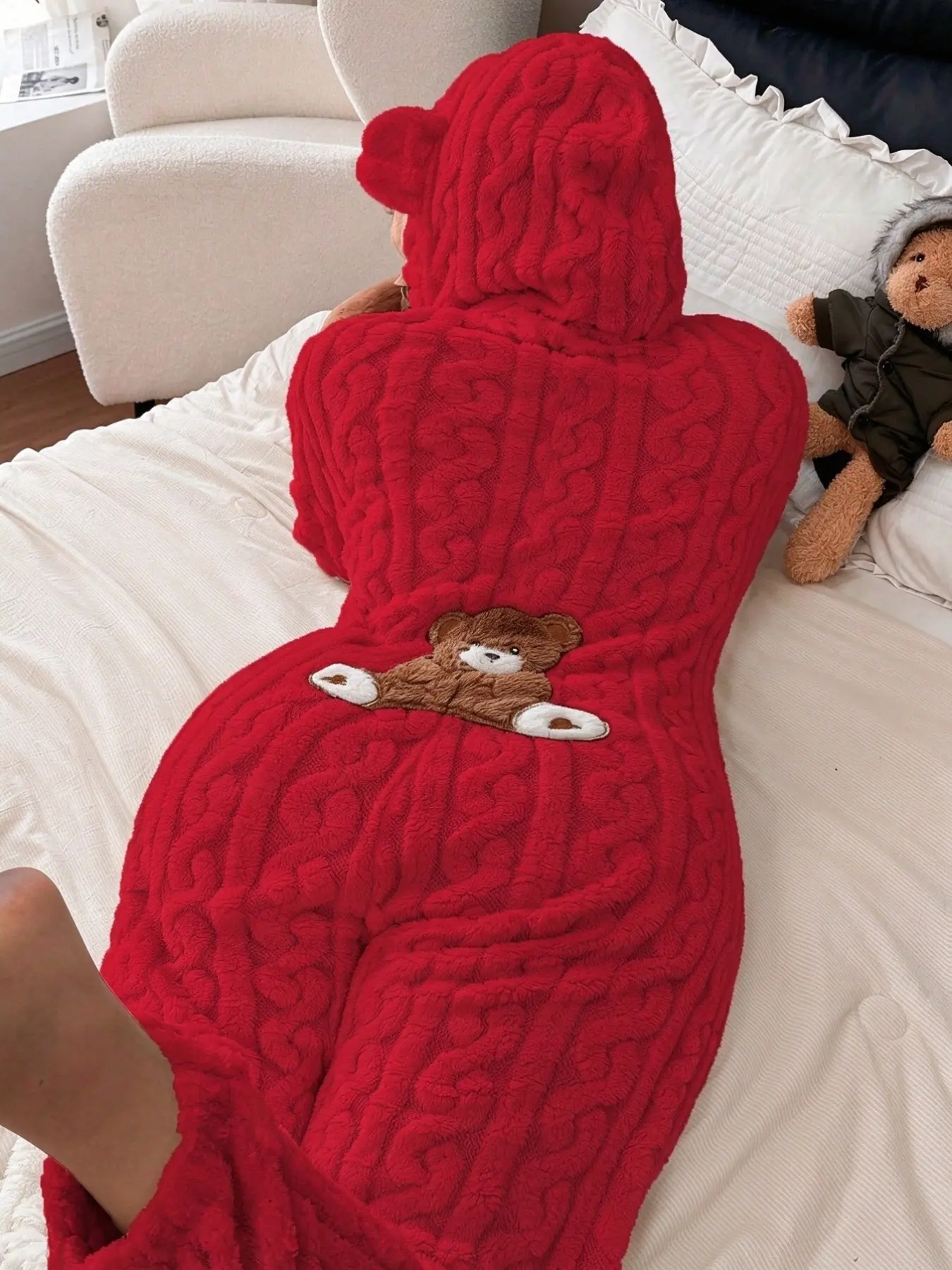 Cute Bear Women's Onesie, Fall Winter Fleece Jacquard Onesie, Hooded Comfortable Long Sleeve Onesie, Ideal for Cold Weather, Perfect Gift, Nightwear