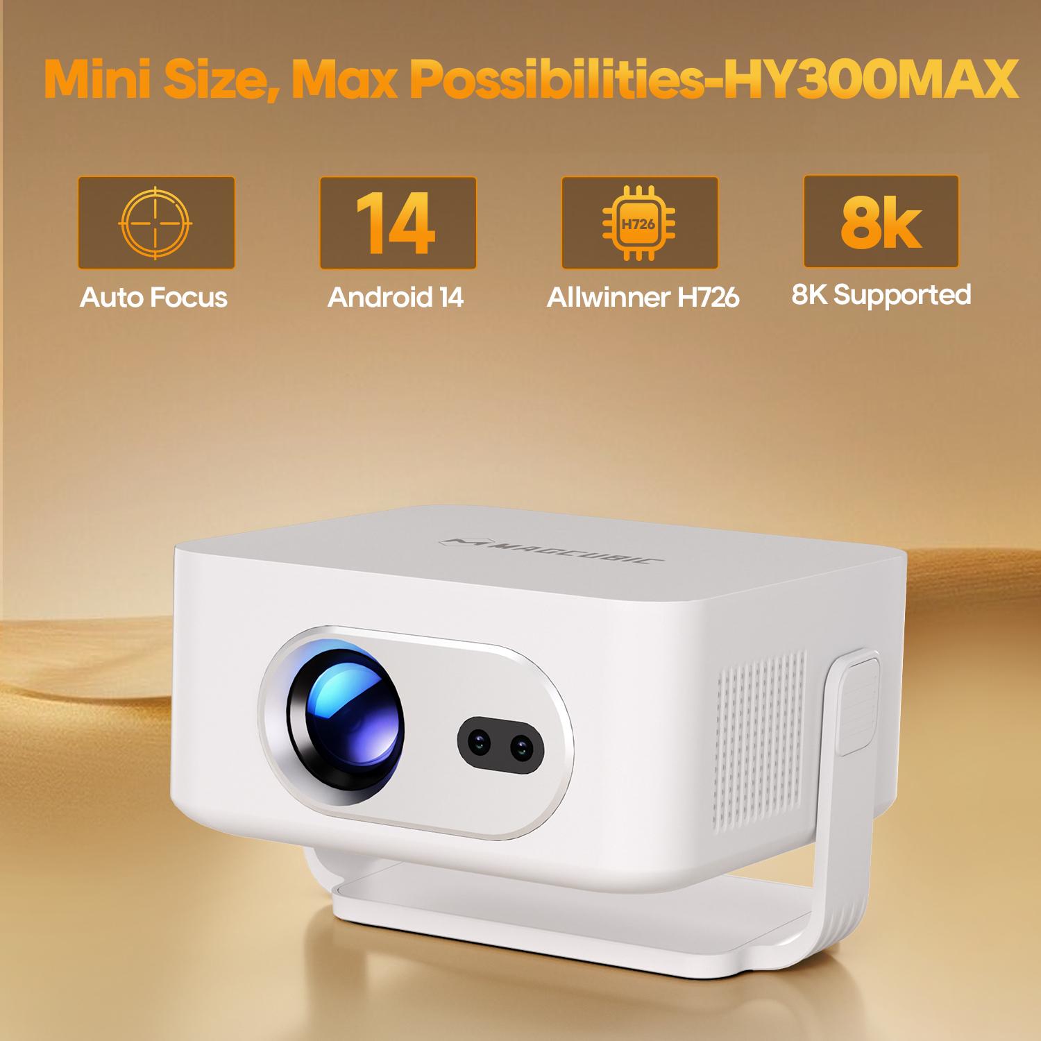 Magcubic HY300MAX Projector Auto Focus 8K Decode HD 400ANSI Android 14 Allwinner H726 with 0.8:1 Throw Ratio Dual WiFi6 BT5.4 Auto Keystone HDR/HDR10+/HLG Native 720P Built-in Speaker Portable Mini Home Cinema Movie Outdoor