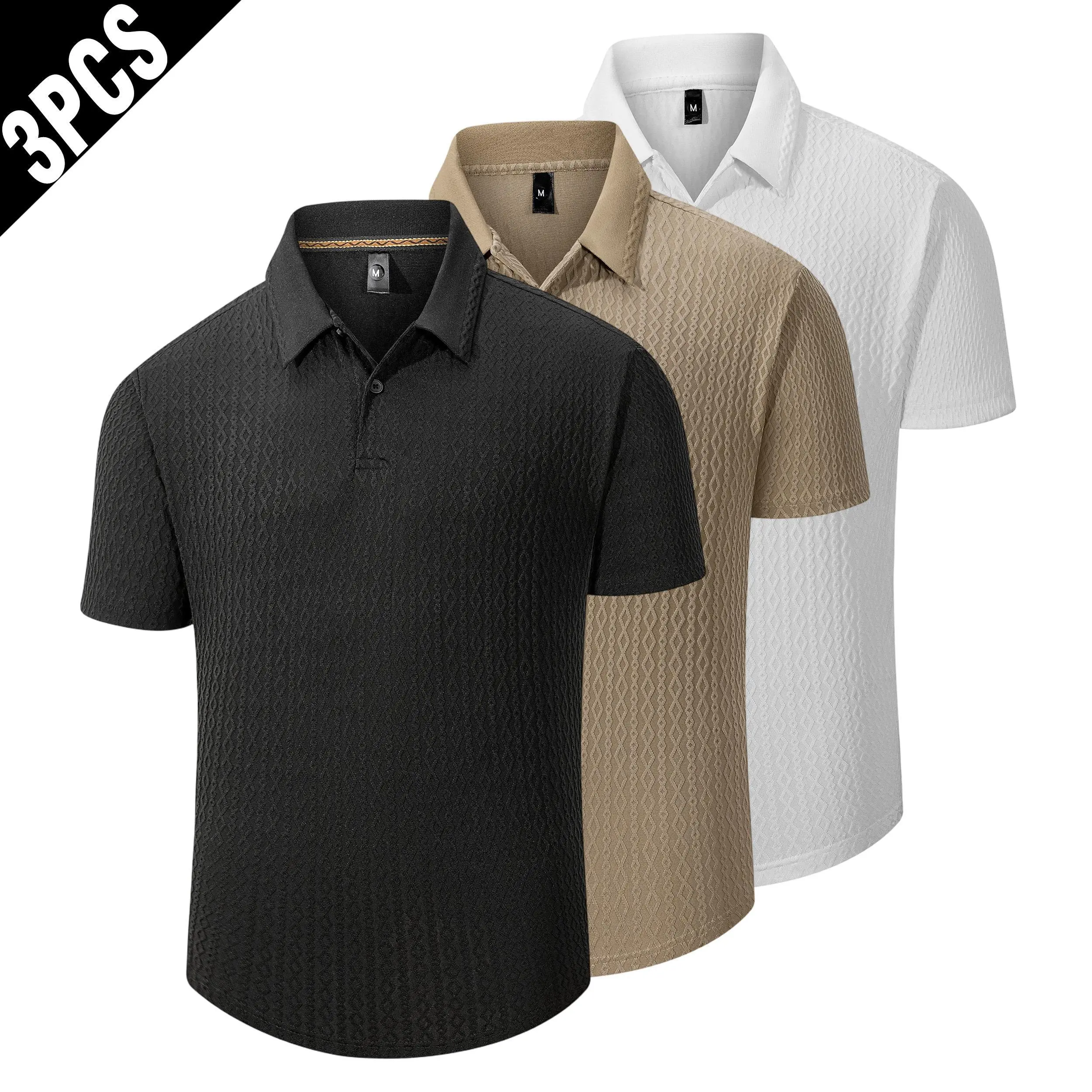 Men's 3-Pack Diamond Jacquard Textured Polo Shirts - Menswear Short-Sleeve Top, Lightweight Breathable Half-Button Collared, Regular Fit, Multi-Size Summer Golf Casual Tees Multipack, Shortsleeve
