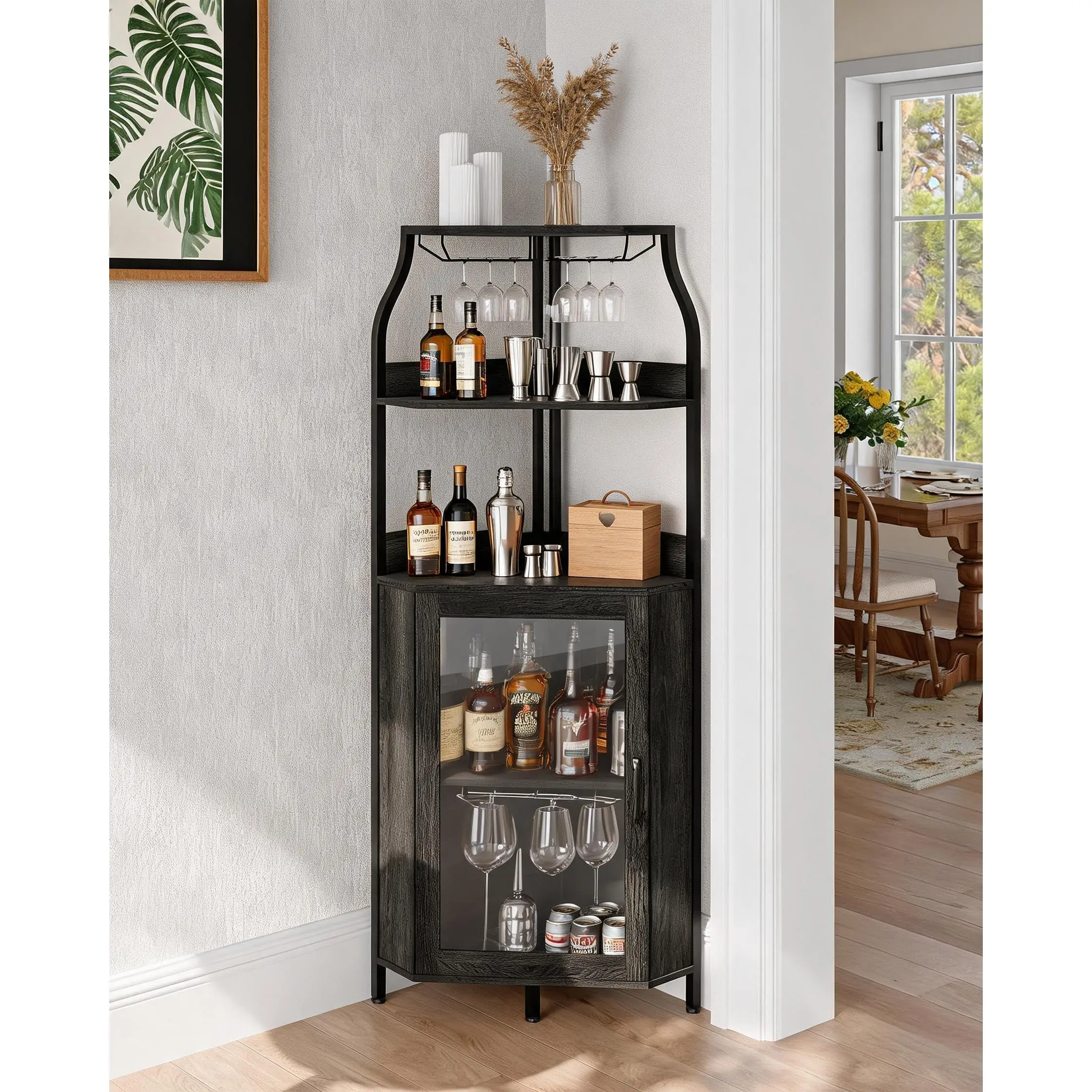 Industrial Corner Bar Cabinet with Power Outlet, LED Strip Lighting, Glass Holder, and 5-Tier Liquor Storage - Compact and Stylish Wine and Liquor Display Unit for Home Use