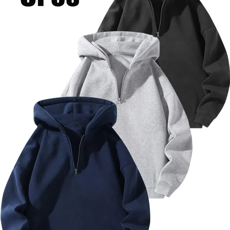 Men's Solid Plain Zip-Up Knit Hoodie, Casual Sporty Hoodies, Casual Loose Long Sleeve Hooded Sweatshirt for Daily Wear, Men's Clothes for All Seasons, Casual Cozy Sweatshirt, Casual Hooded Sweatshirts, Menswear