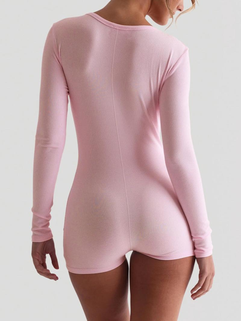 Women's Plain Button Front Ribbed Romper, Casual Long Sleeve Skinny Romper for Spring & Fall, Women's Clothes for Daily Wear