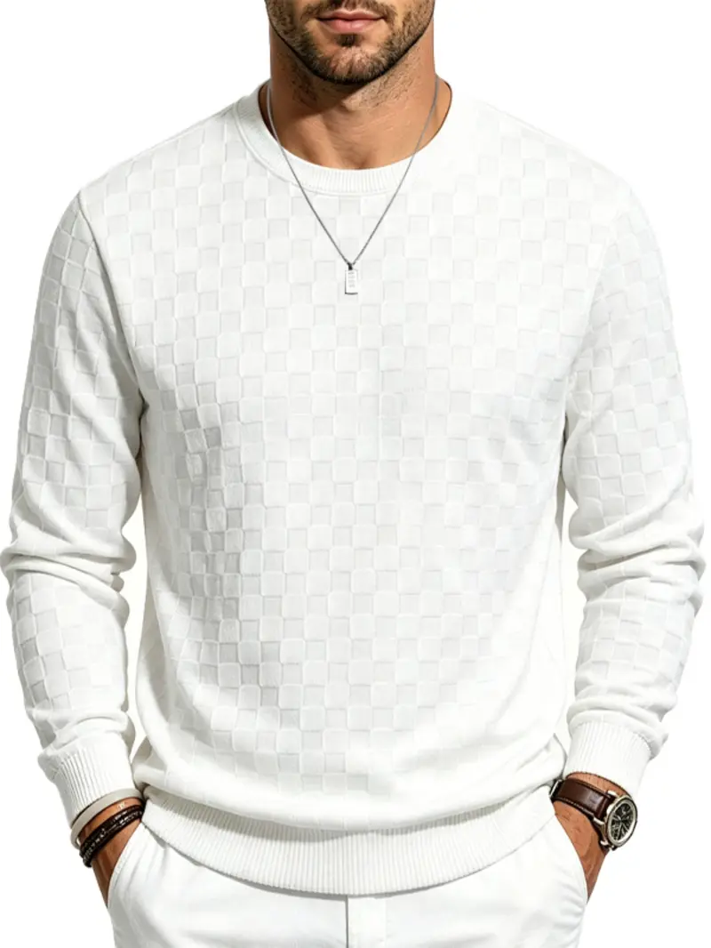 4-Pack Men's Plaid Knit Sweatshirts, Textured Grid Pattern Long Sleeve, Soft Lightweight Casual Top, Ideal for Fall Winter Streetwear