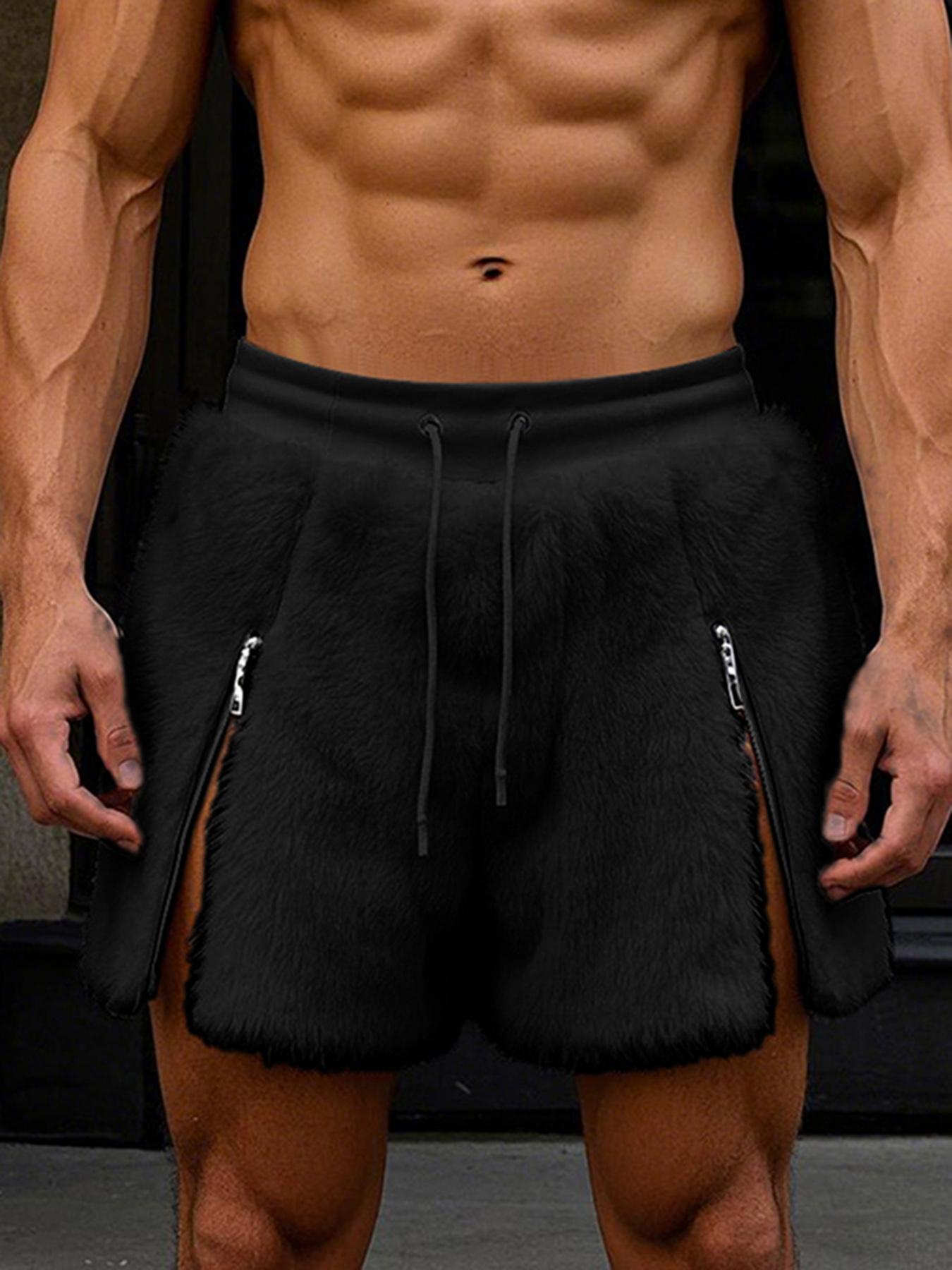Men's Solid Drawstring Plush Dual-Zip Soft Shorts, Casual Loungewear Comfy Elastic Waist Shorts for Summer, Streetwear Fashion Menswear Men's Bottoms for Daily Wear