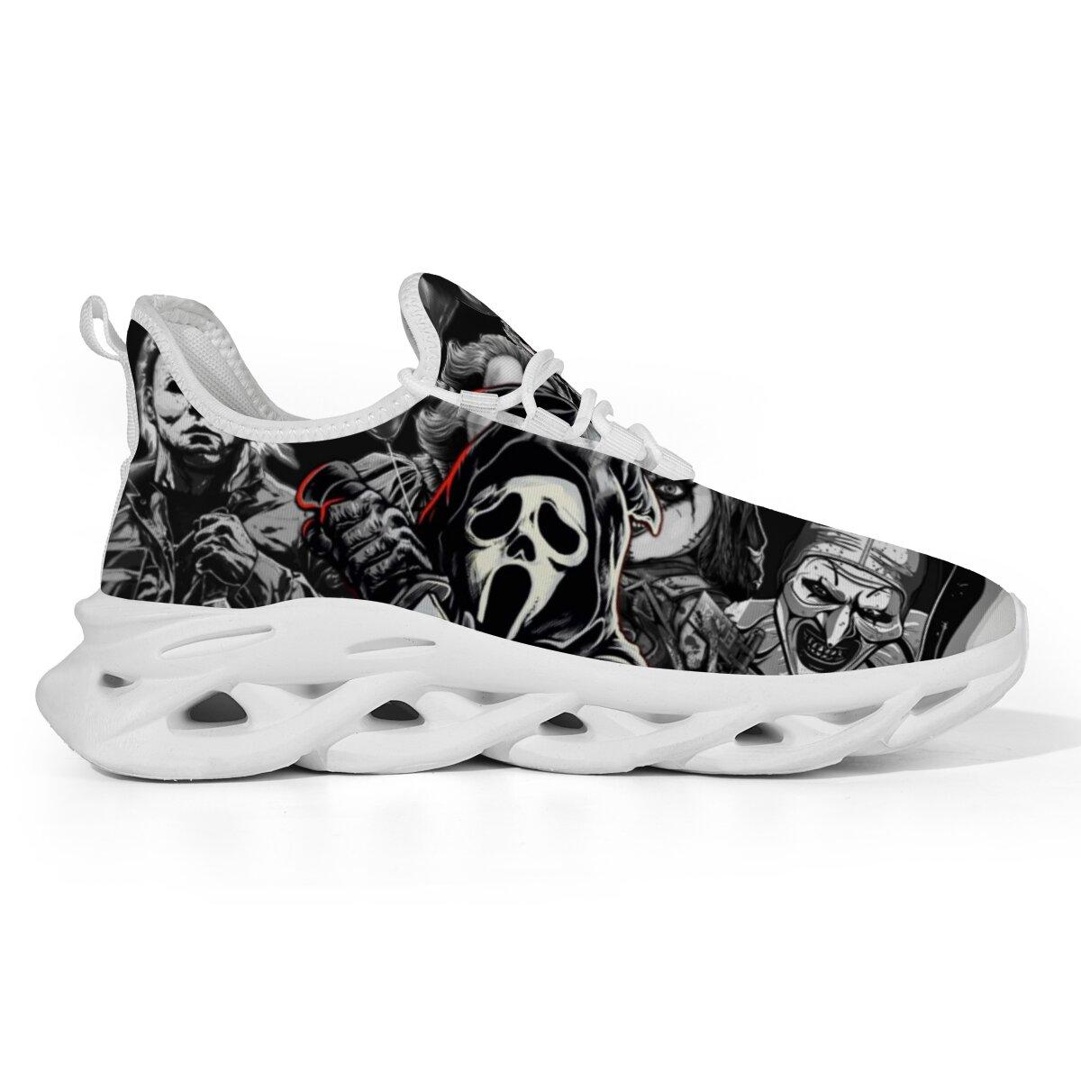 Halloween Dark Horror Mask Character Art Blade Sneakers Man Woman Hollow Wave Cushion Sole Mesh Running Shoes Monochrome Thriller Figure Collage Print Gothic Halloween Punk Casual Athletic Trainers For Men Women