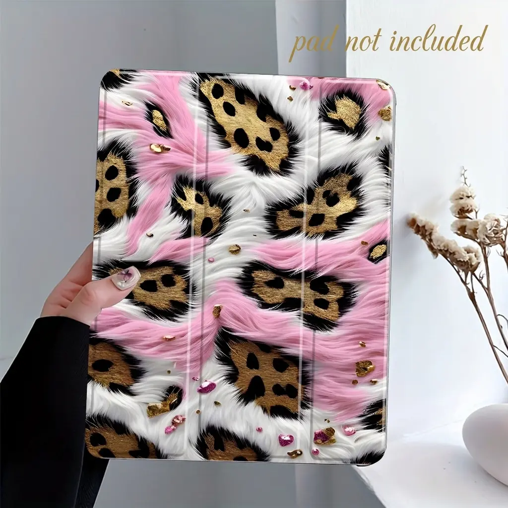 Pink Faux Fur & Gold Leopard Print iPad Case, Tablet Cover, Tablet Accessories, Trifold Stand Protective Cover with Auto Wake/Sleep, Anti-Drop Scratch-Resistant, Transparent Acrylic Back, Fits iPad 7.9/8.3/10.2/10.5/10.9/11 inch, Tablet Casing (Case Only)