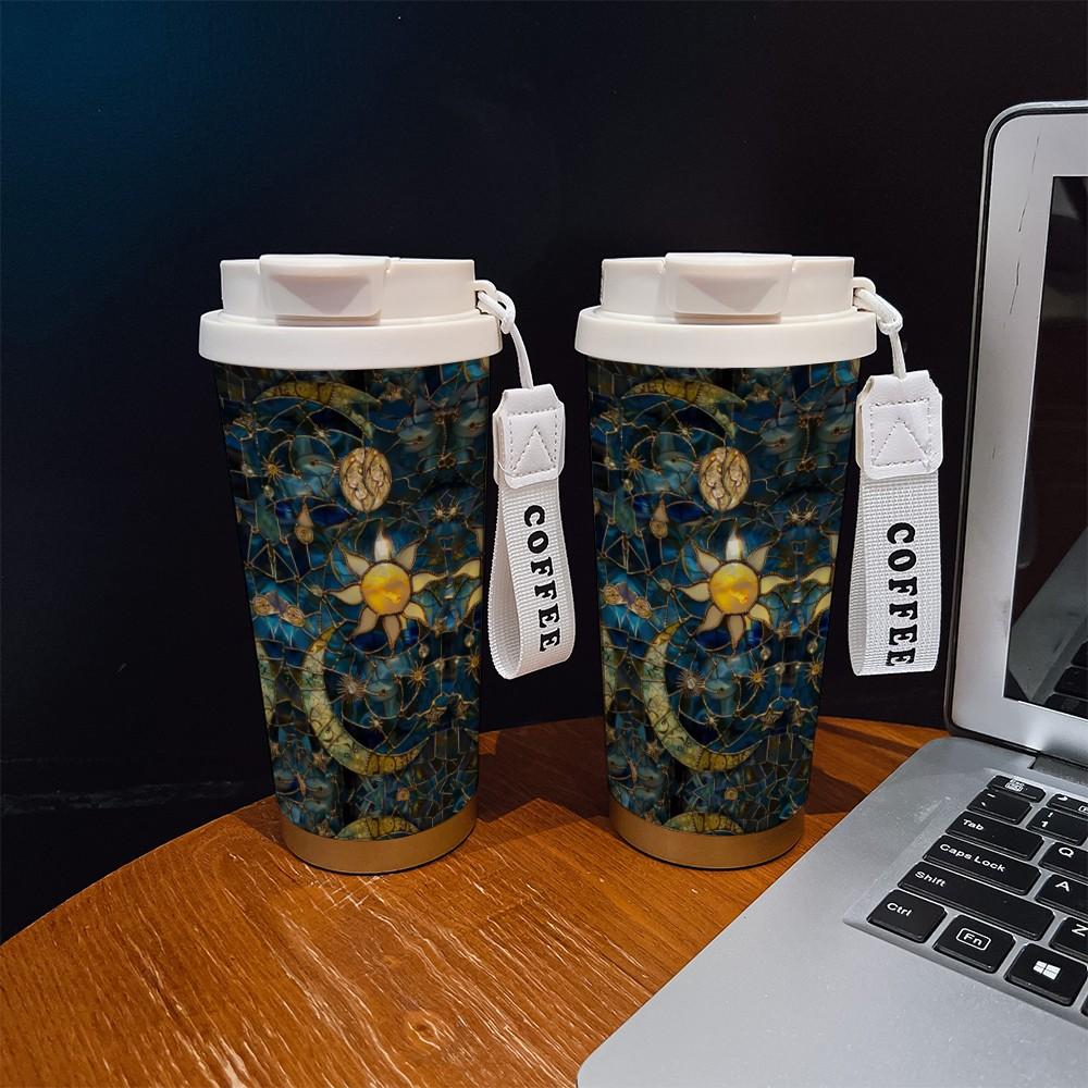 Abstract Moon Sun Coffee Cup, Portable Insulated Tumbler, Heat/cool Keeper, Boho Style, Ideal for Office, Travel, Sports, Golf