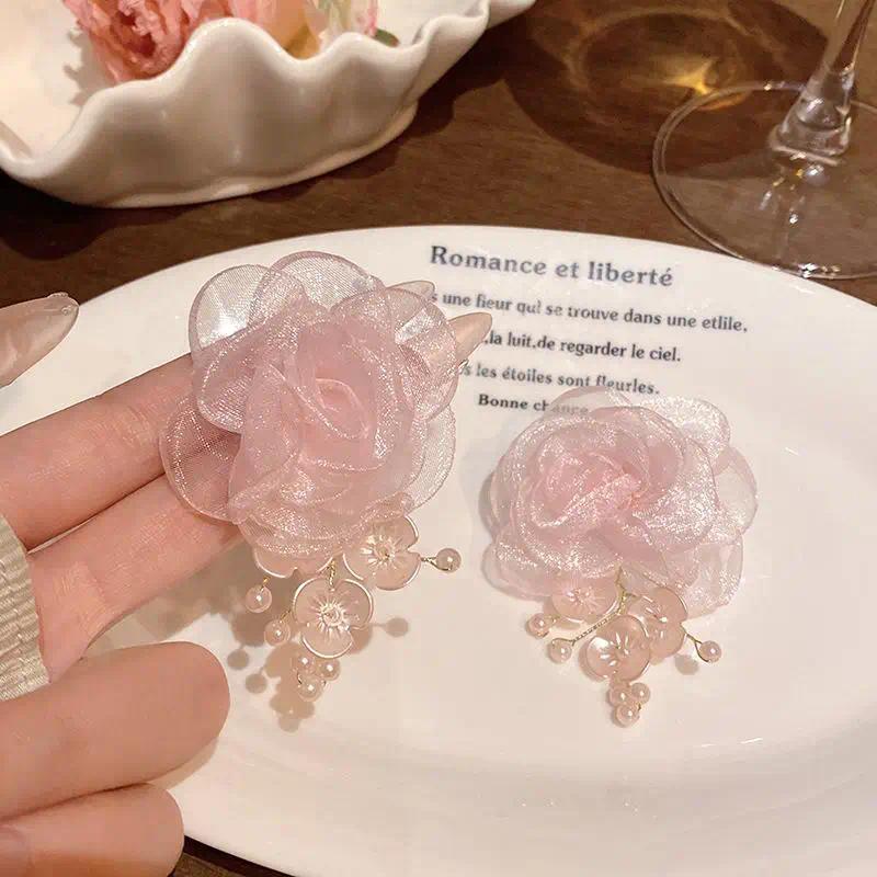 Sweet Pink Lace Flowers Drop Earrings for Women  Romantic Elegant Earrings Pendant Fashion Weddings Jewelry Accessories