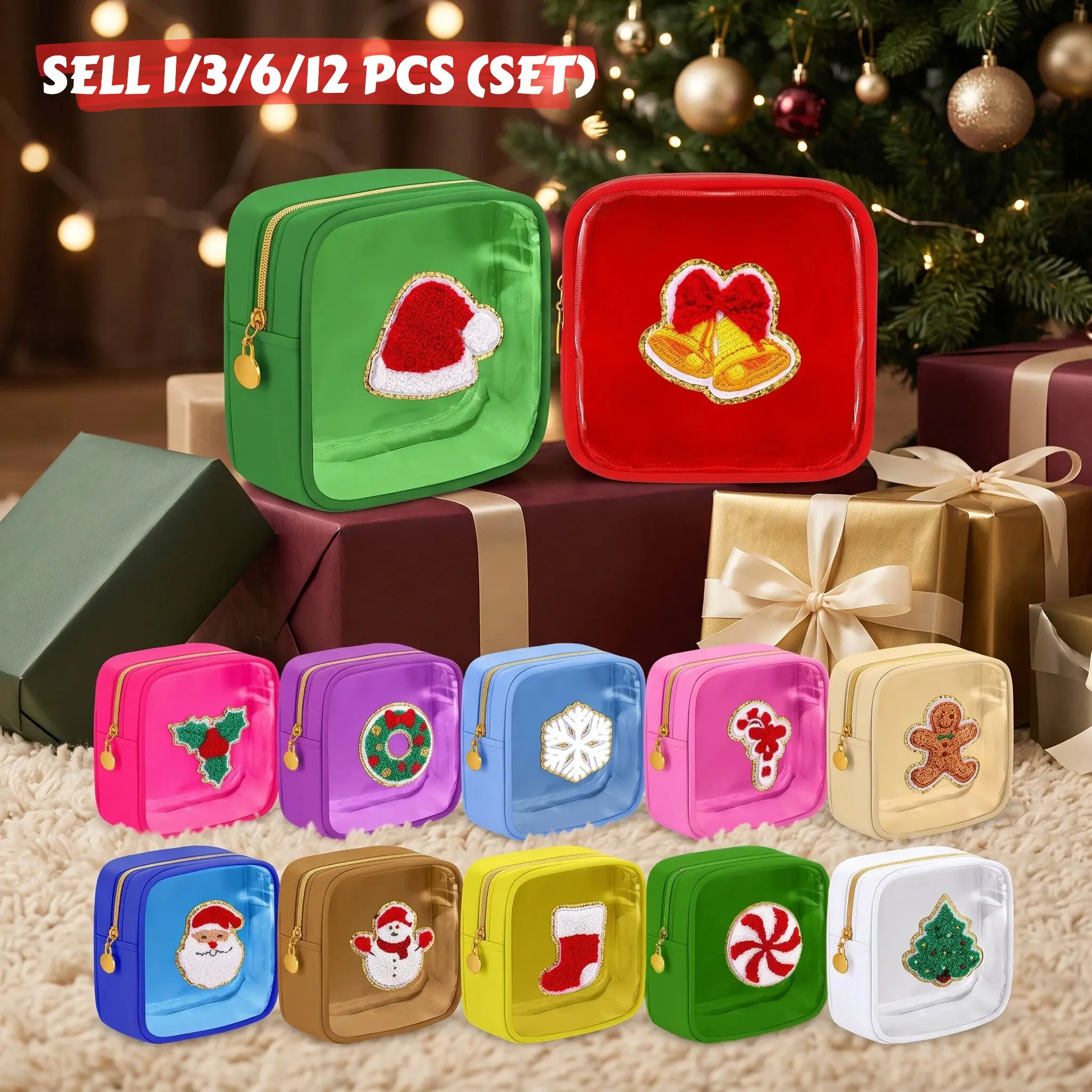 Christmas Chenille Patch Makeup Bags 1/3/6/12 Pcs Bulk Portable Cosmetic Bags Mini Clear PVC Cosmetic Pouch Nylon Travel Toiletry Bag Xmas Stocking Stuffer Holiday Gift for Family Friends