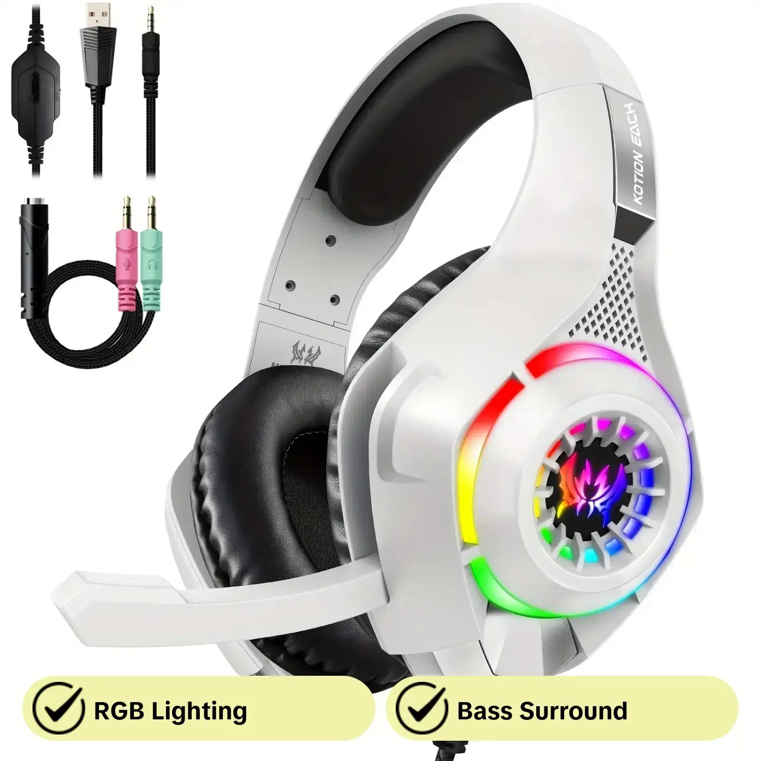 Noise-Cancelling Gaming Headset for PC Ps4 Ps5, RGB Lights, Bass Surround Sound, Soft Memory Ear Cushions, Compatible with Xbox Series X/s Ns, Wired Gaming Headphones, PC Headsets, Gaming Accessories