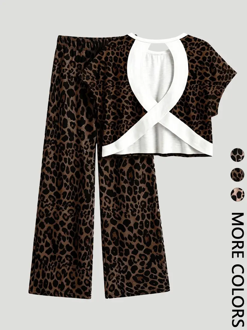 Women's Leopard Print Casual Loungewear Homewear Pajamas Two-Piece Set, Round Neck Short Sleeve Backless Top & Lounge Long Pants, Comfortable Wear, Casual Loungewear Sleepwear