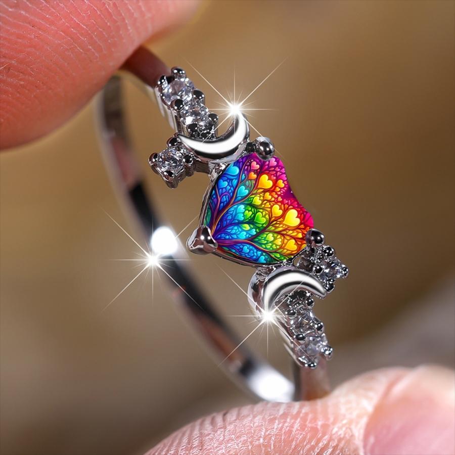Rainbow Tree of Life Love Ring, featuring a design with double crescent moon and surrounded by broken diamonds, a niche and healing accessory with colorful love heart veins, symbolizing vitality and suitable as a gift jewelry, Bohemian Fashion Ring