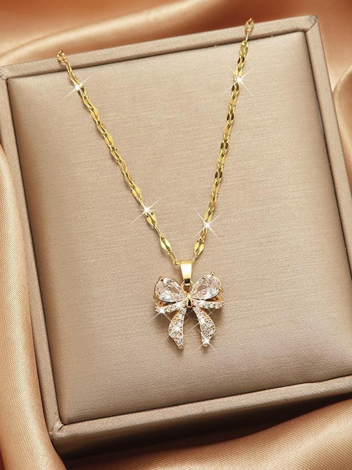 Elegant Zircon Butterfly Pendant Stainless Steel Necklace, Fashionable Women's Party Commuter Versatile Gift, Stylish Ladies Jewelry, Statement Necklace