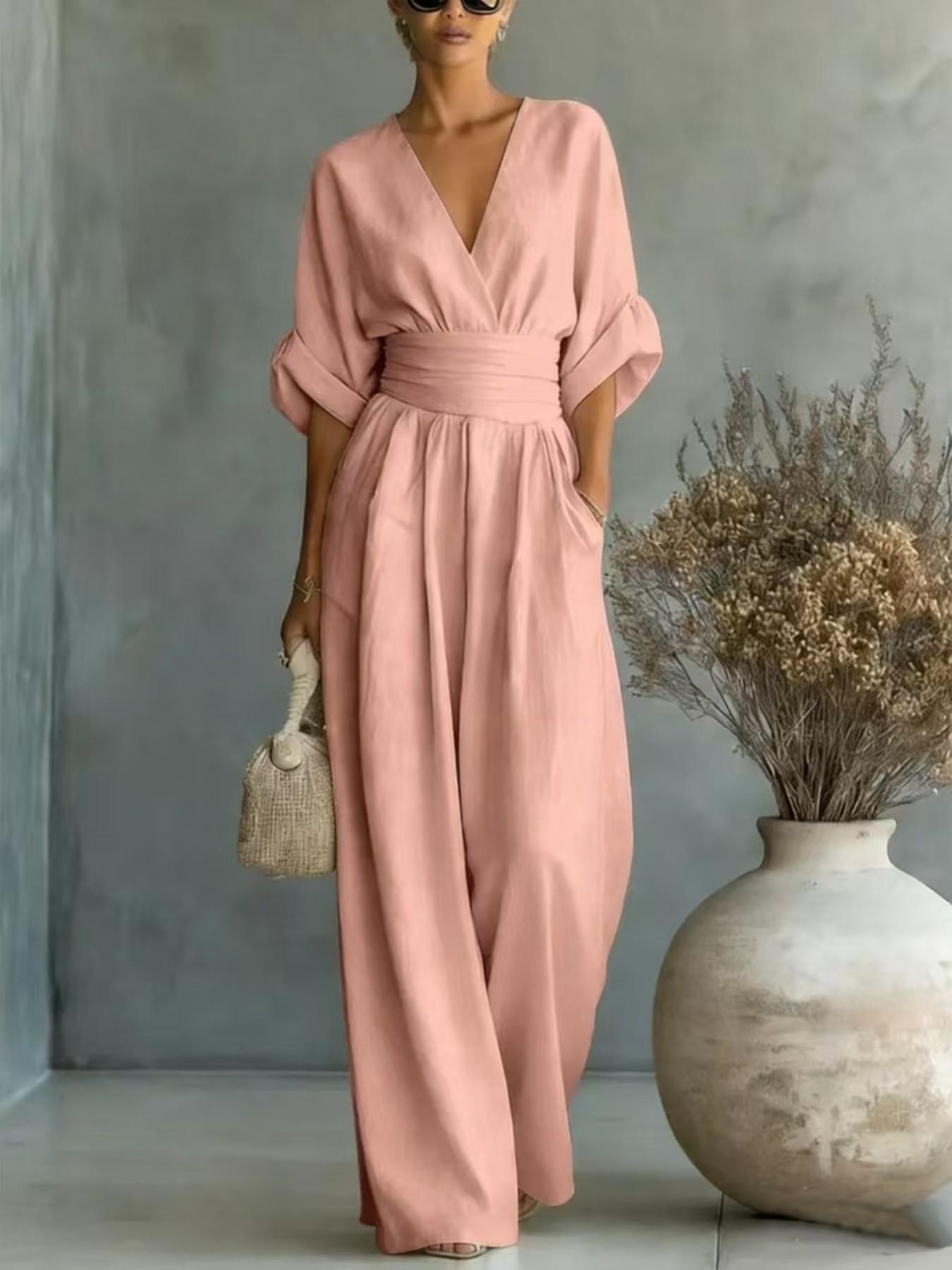 2026 Spring Summer Women's Jumpsuit, Elegant V Neck Batwing Waist Slim Fit, Minimalist Casual Breathable Lightweight Solid Color Fashion Romper, Ladies One Piece Pants