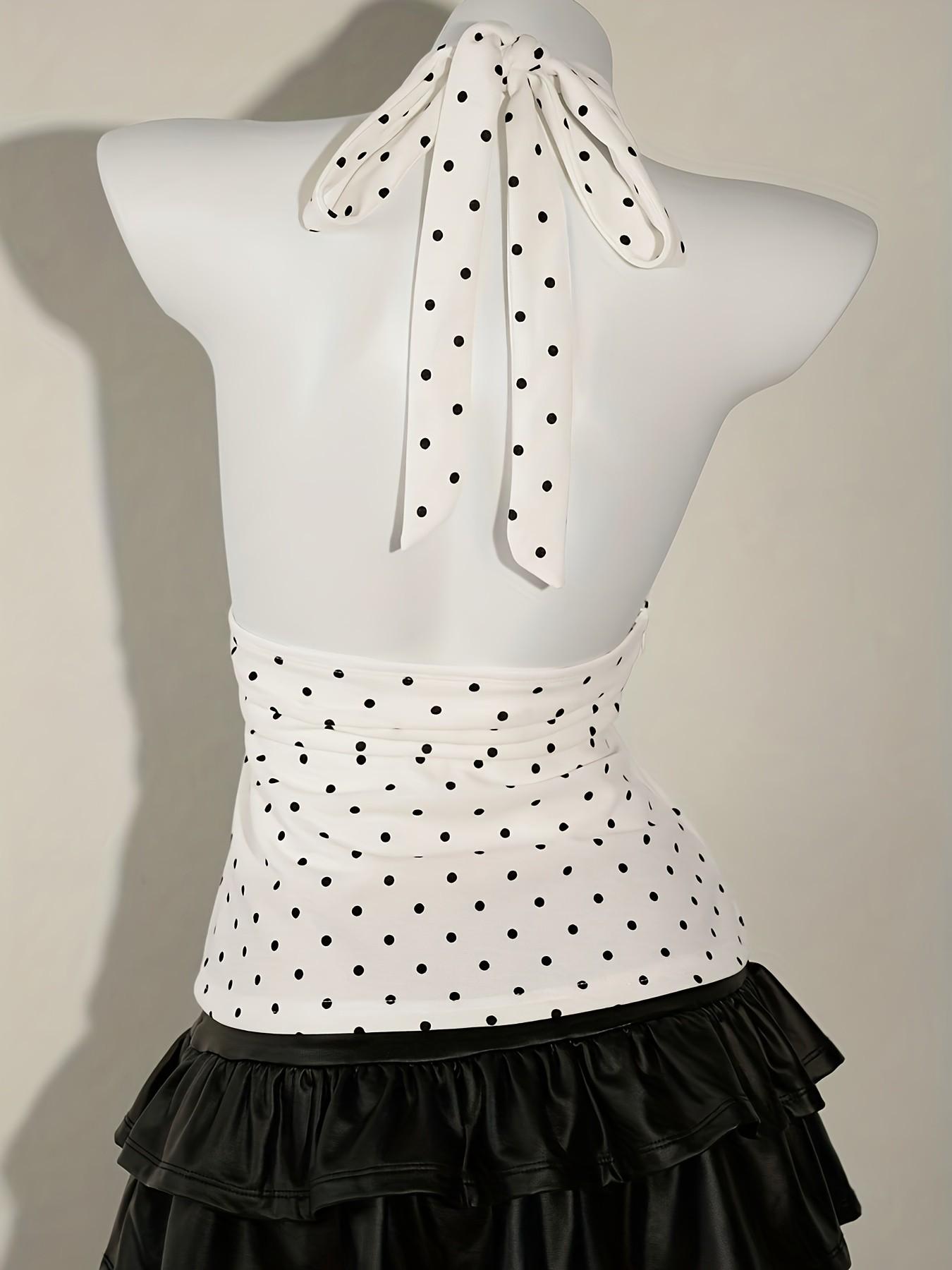 Summer Fashion New V Neck Polka Dot Tie Front Top Shirt, Elegant Backless Slim Fit Vacation Style Sexy Sleeveless Shirt