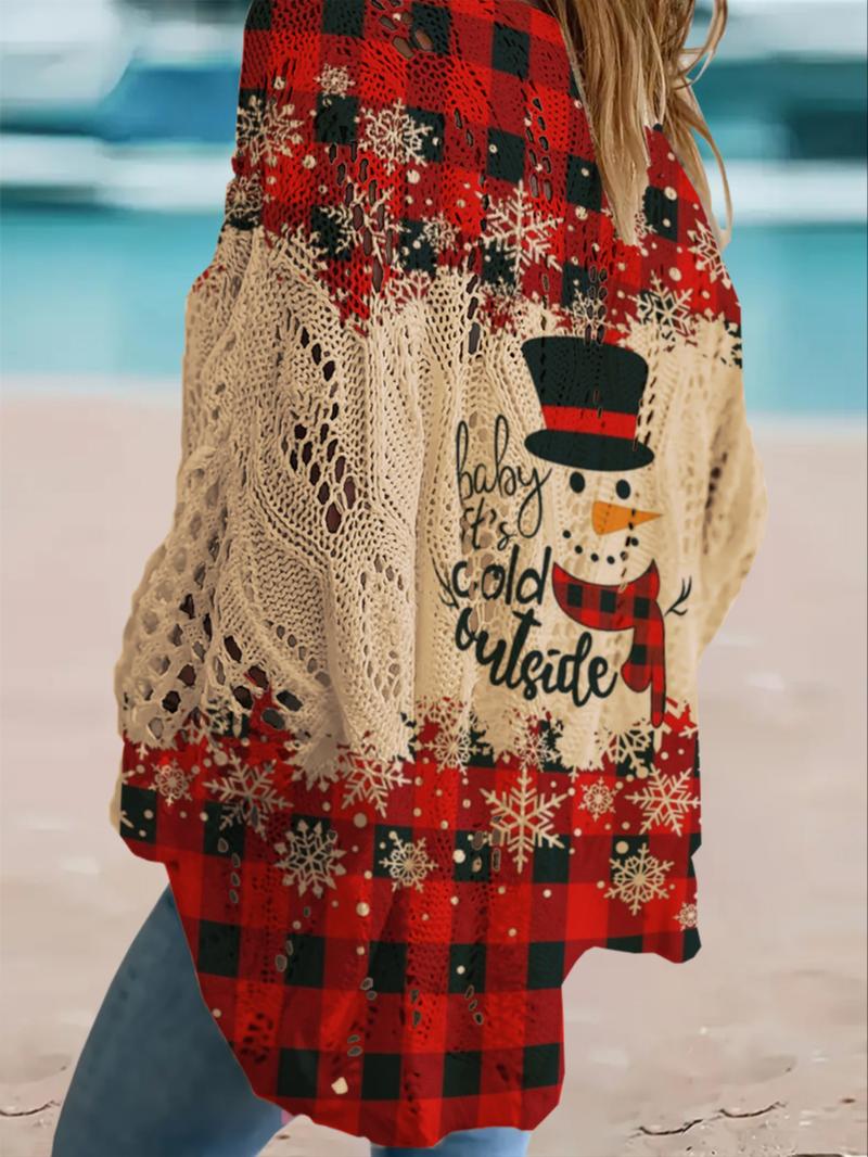 Women's Christmas Snowman Print Long Sleeve Knit Top, Casual Elegant Vacation Style Sweater, Loose Batwing Shoulders, Spring Fall Clothing, Lightweight Knitwear