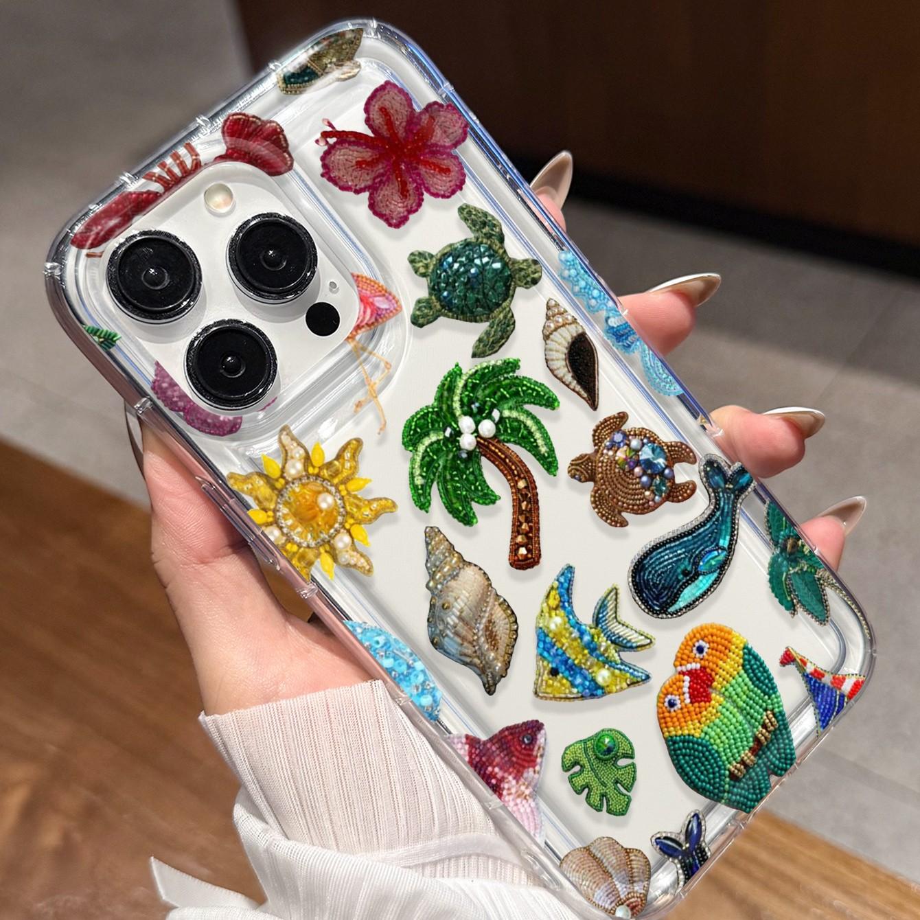 Summer Ocean Style Handmade Beaded Phone Case for iPhone 13-14 Series, Transparent Tpu Anti-Drop Protector, Tropical Bird Whale Parrot Design