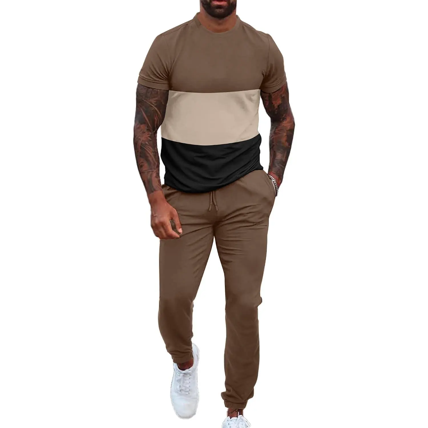 Mens 2 Piece Sweatsuits Outfits Short Sleeve Pullover Loungewear & Joggers Sweatpants Summer Casual Track Suits Set
