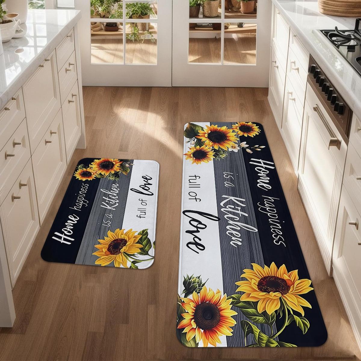 Sunflower Kitchen Anti slip Carpet Floor Mat, Retro Floor Printed Kitchen Anti fatigue Floor, Soft and Comfortable Flannel Floor, Suitable for Kitchen, Laundry Room, Bathroom, Living Room, Room Decoration Floor