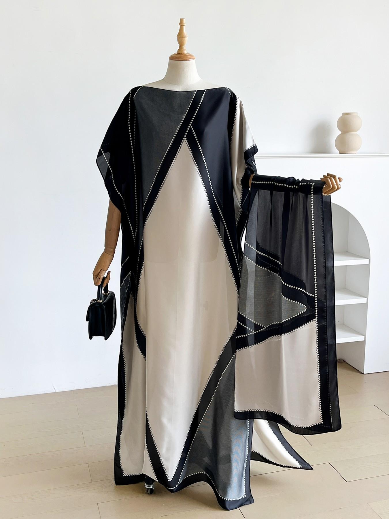 Elegant Geometric Print Shawl Set, Fitted Long Robe with Headscarf, Sun Protection Silk Scarf, Beachwear for Women, All Seasons, Swimsuit Coverup, Beach Cover Ups, Swimwear Cover Up