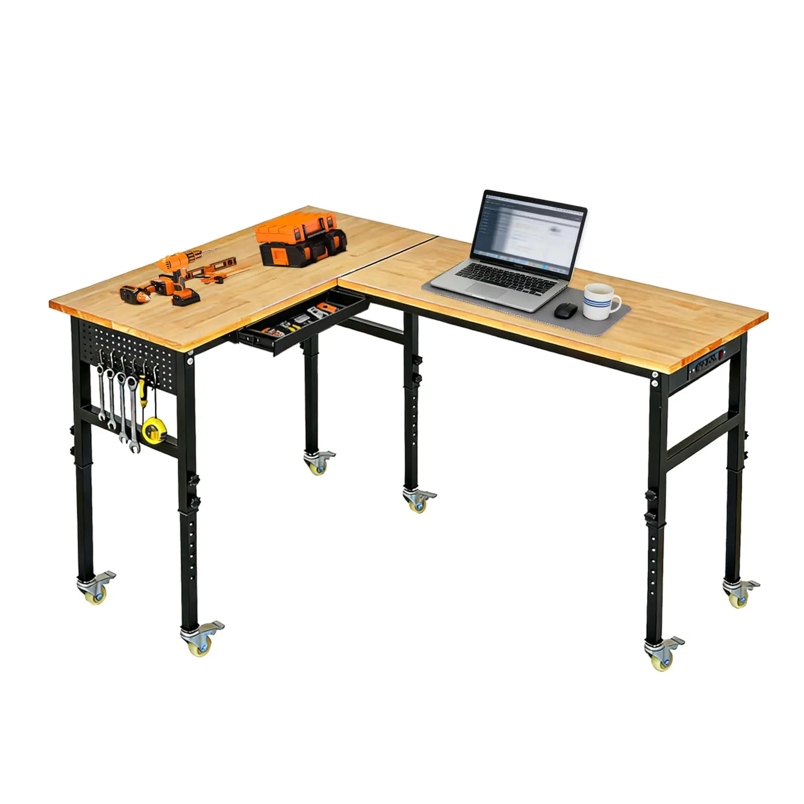 60" x 48" L-Shaped Adjustable Workbench with Wheels, 2000 LBS Heavy Duty Work Table with Drawer, Pegboard & Rubber Wood Top for Garage, Workshop & Home Office