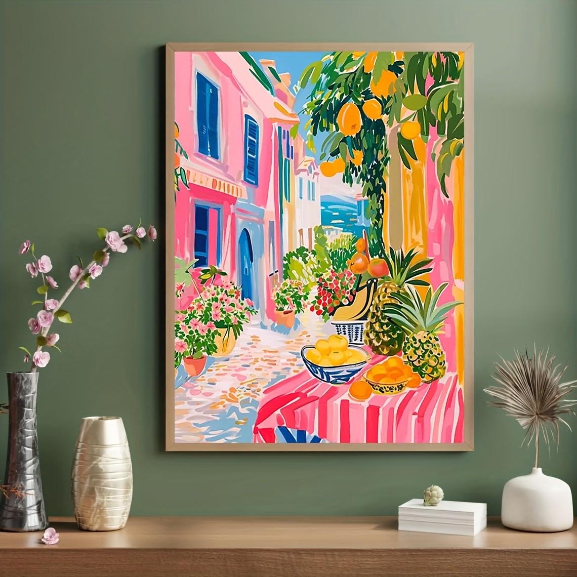 1pc Colorful Mediterranean Town Fruit Street Poster, Unframed Bright Summer Seaside Village Landscape Wall Print, Tropical Fruit & Pastel Building Wall Art, Decor Picture for Living Room, Bedroom, Home Wall Decor, No Frame